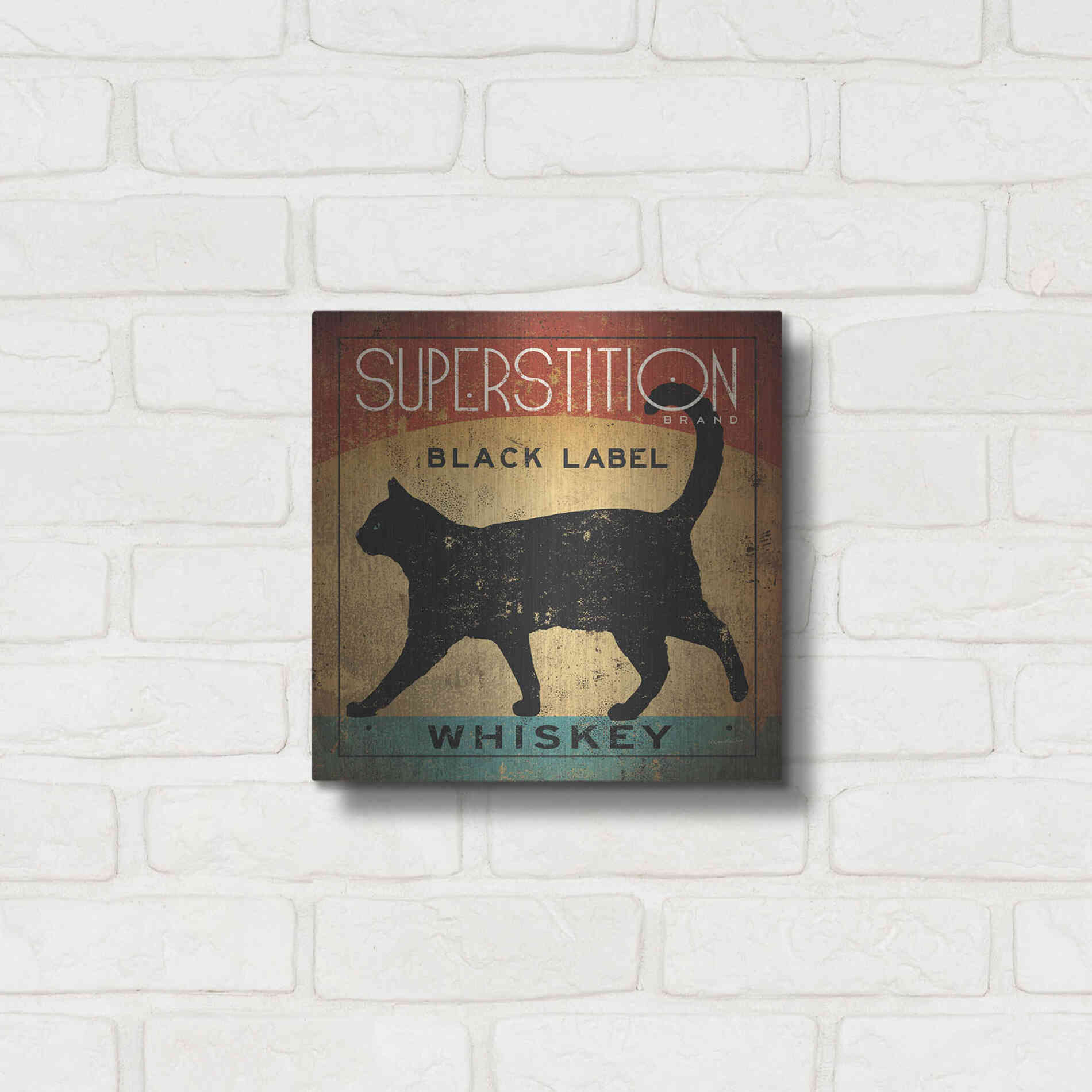Luxe Metal Art 'Superstition Black Label Whiskey Cat' by Ryan Fowler, Metal Wall Art,12x12