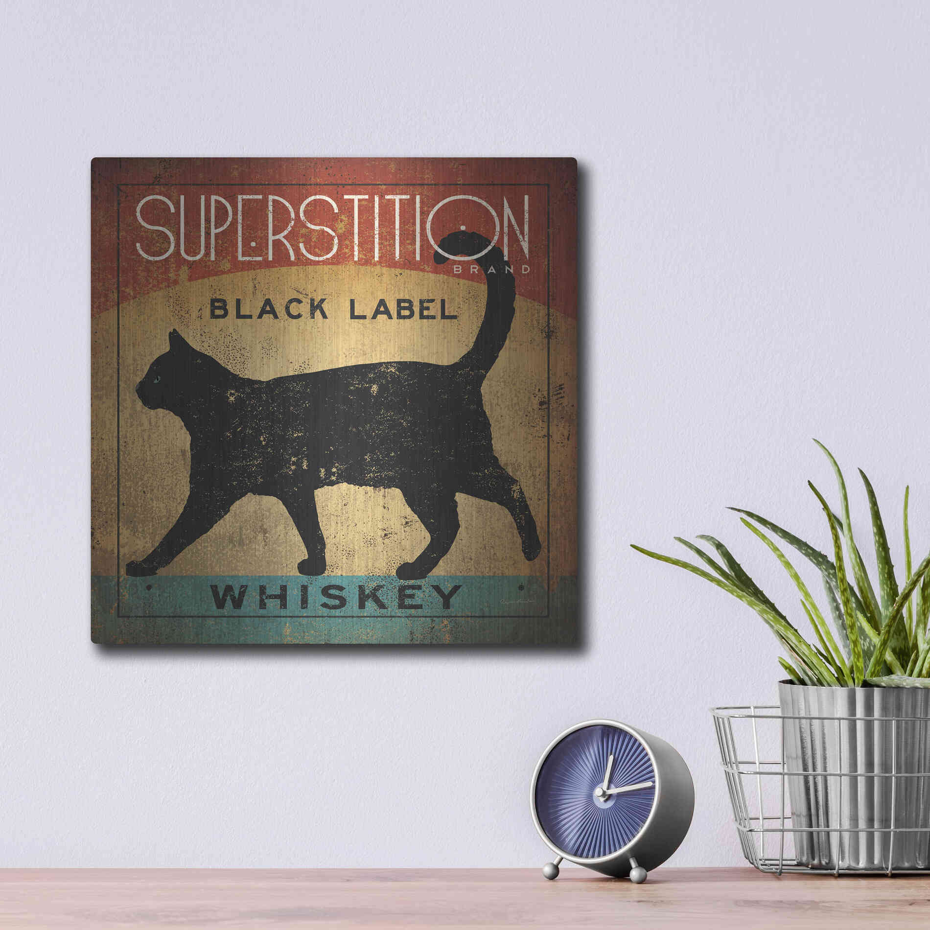 Luxe Metal Art 'Superstition Black Label Whiskey Cat' by Ryan Fowler, Metal Wall Art,12x12
