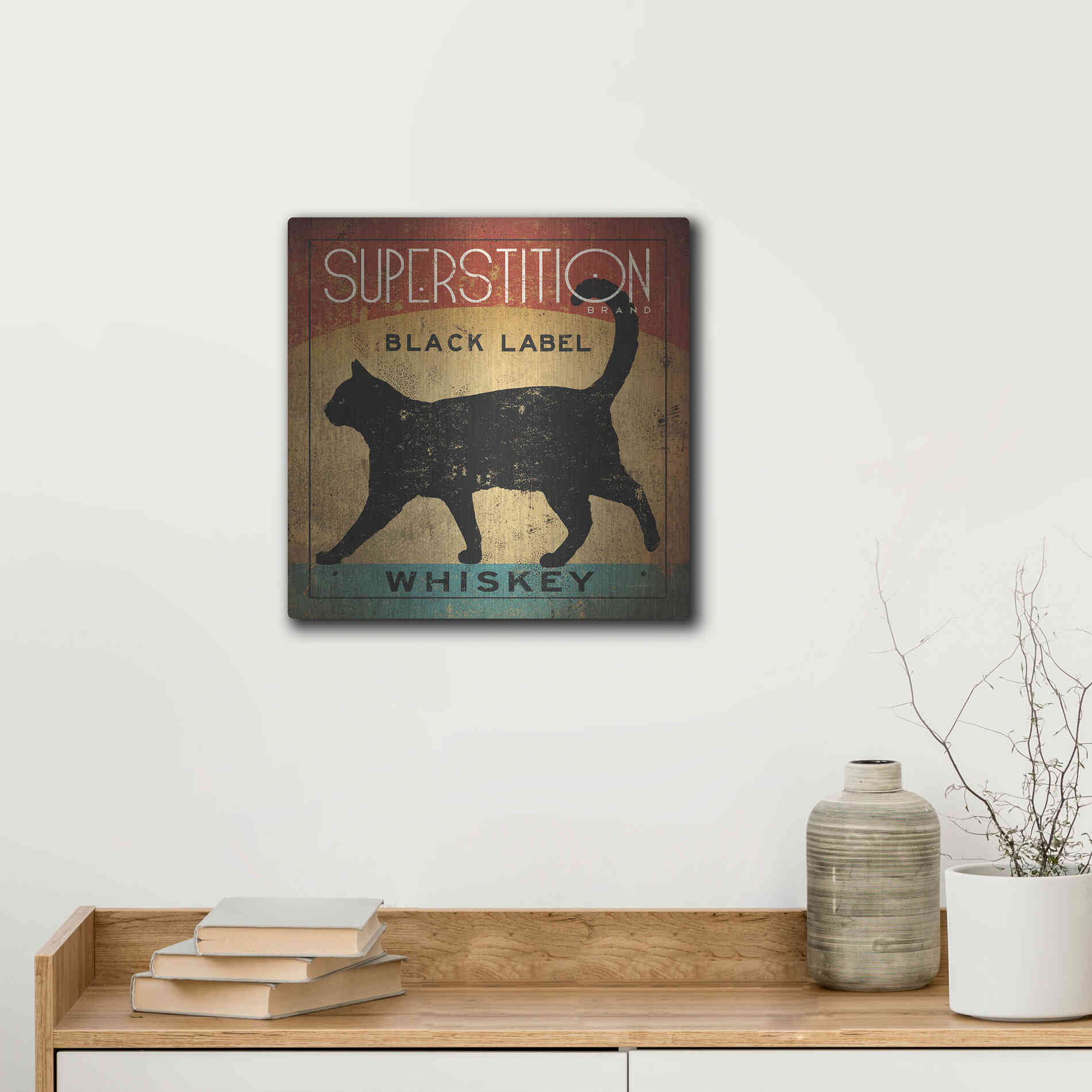 Luxe Metal Art 'Superstition Black Label Whiskey Cat' by Ryan Fowler, Metal Wall Art,12x12