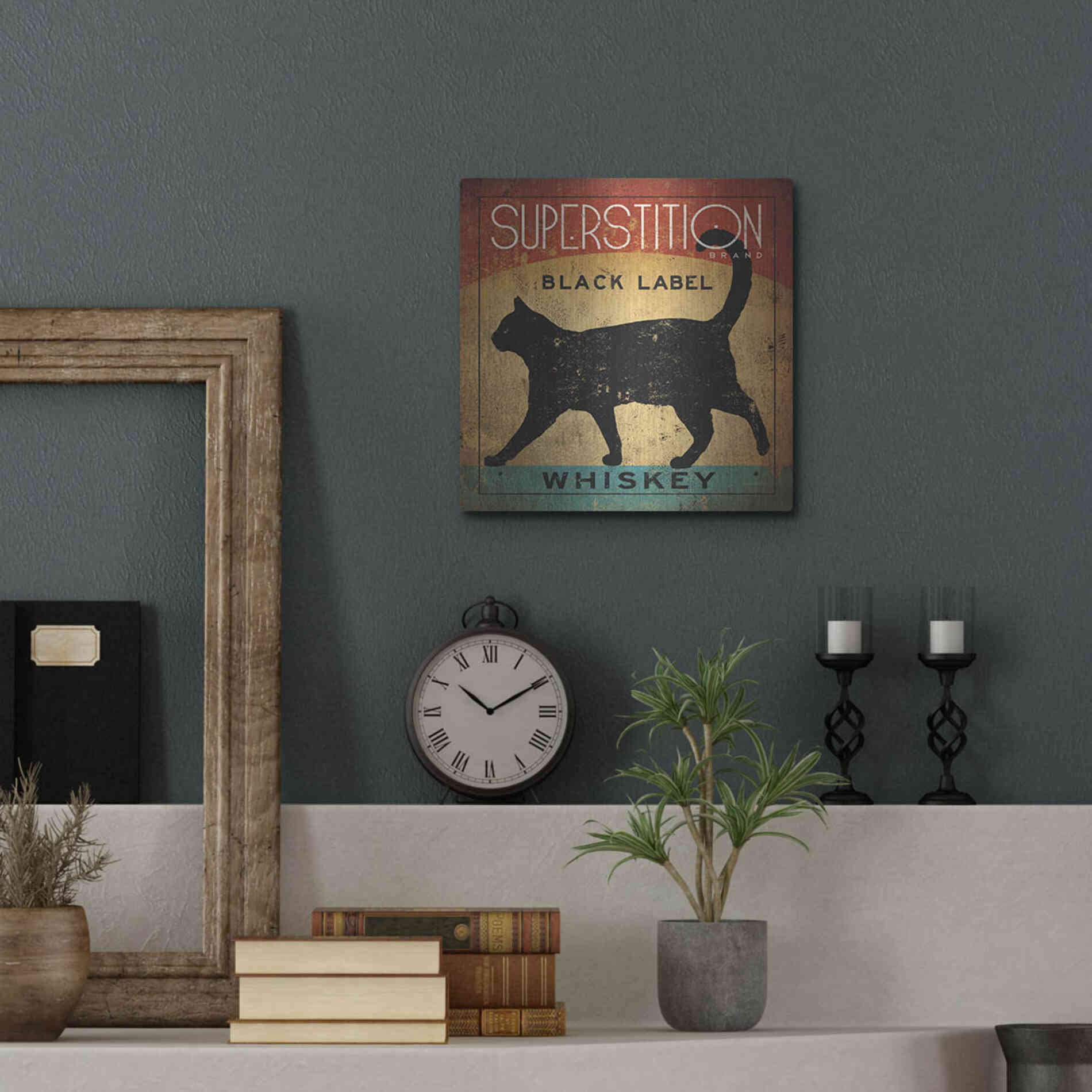 Luxe Metal Art 'Superstition Black Label Whiskey Cat' by Ryan Fowler, Metal Wall Art,12x12