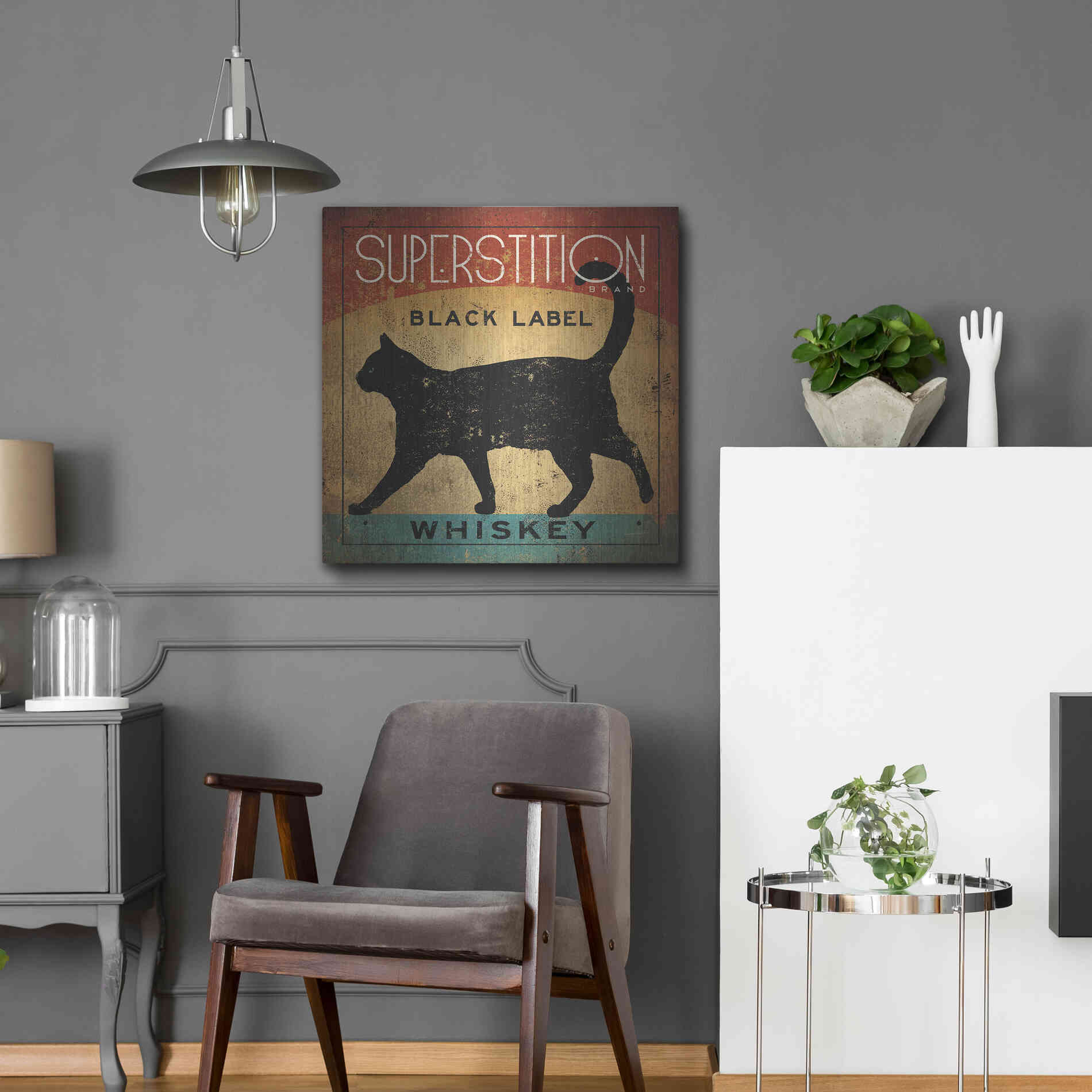 Luxe Metal Art 'Superstition Black Label Whiskey Cat' by Ryan Fowler, Metal Wall Art,24x24