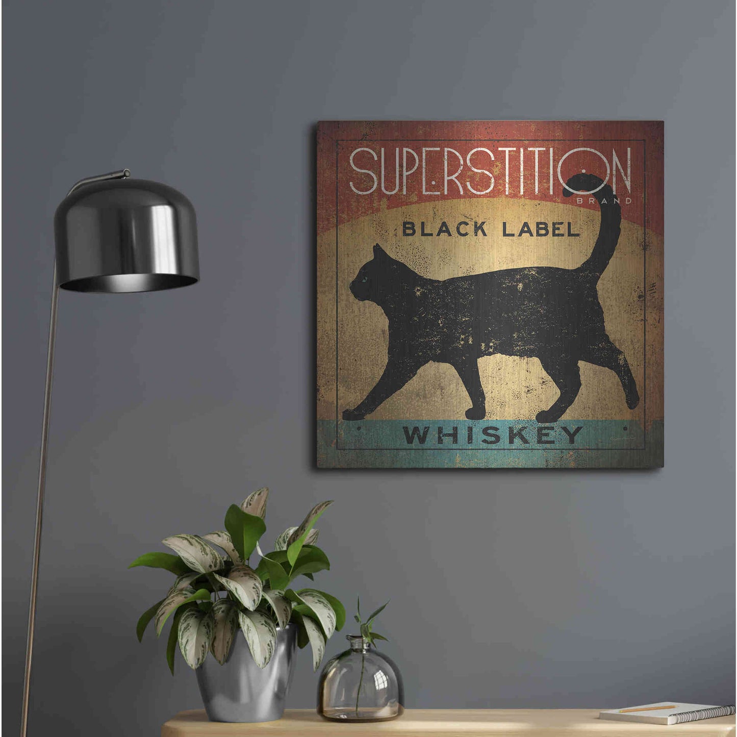 Luxe Metal Art 'Superstition Black Label Whiskey Cat' by Ryan Fowler, Metal Wall Art,24x24