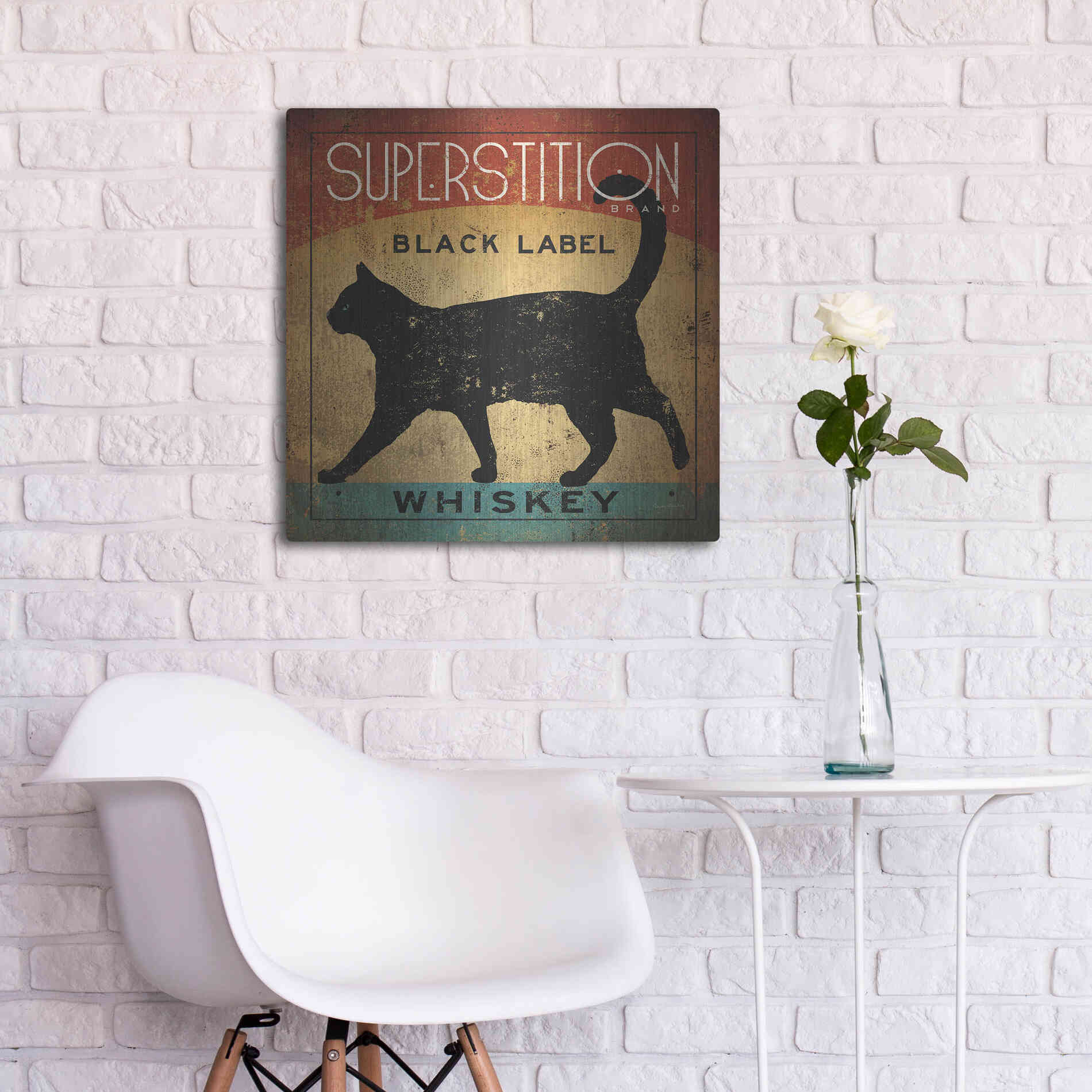 Luxe Metal Art 'Superstition Black Label Whiskey Cat' by Ryan Fowler, Metal Wall Art,24x24