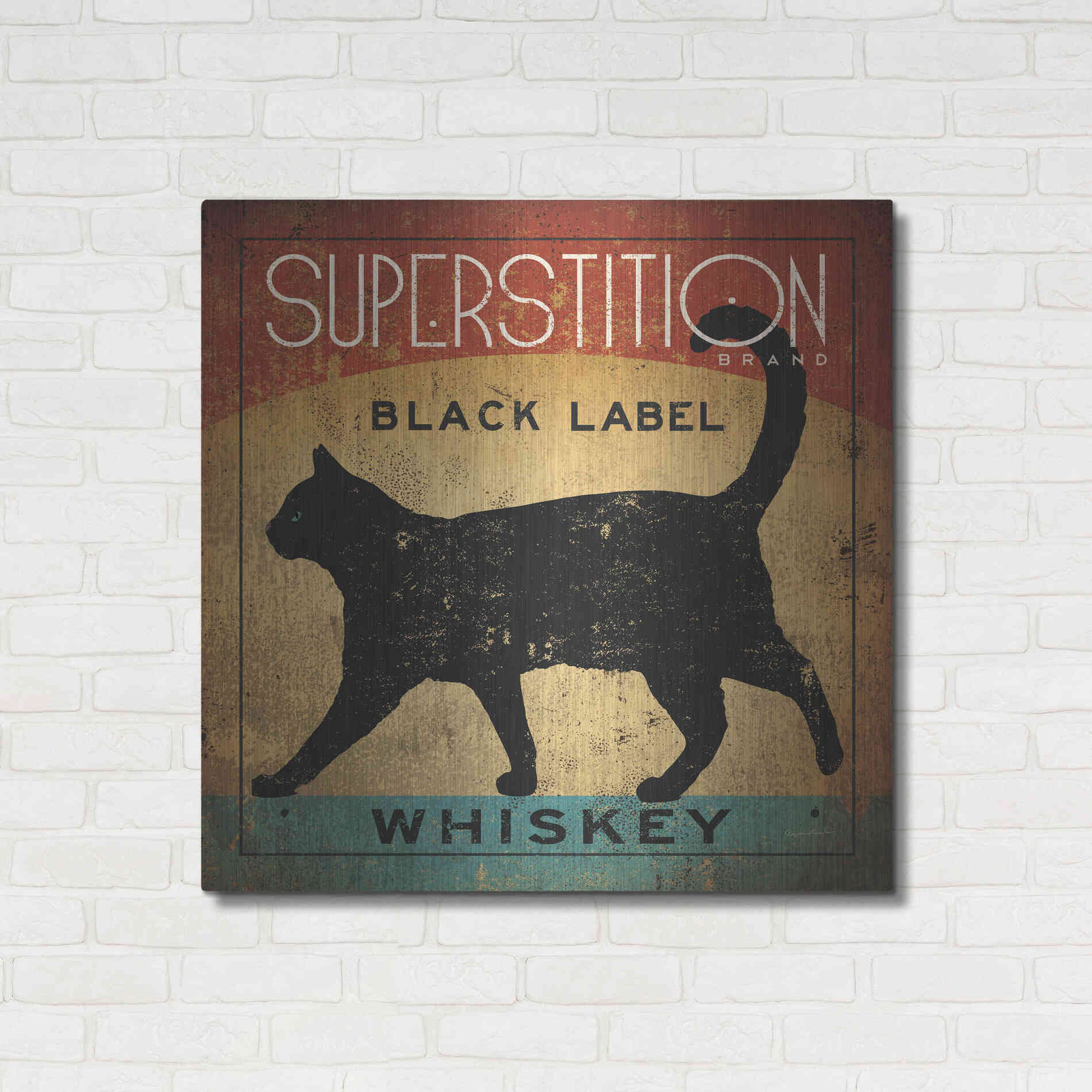 Luxe Metal Art 'Superstition Black Label Whiskey Cat' by Ryan Fowler, Metal Wall Art,36x36
