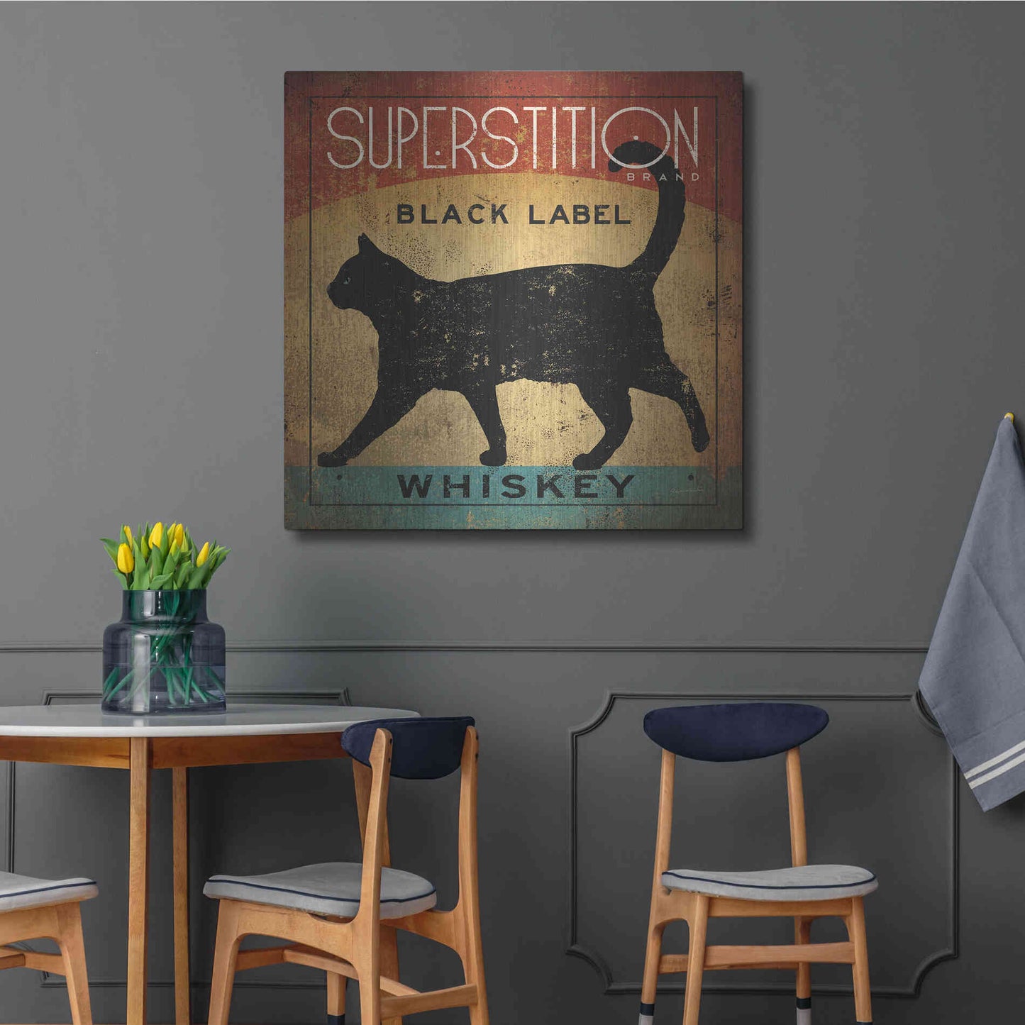 Luxe Metal Art 'Superstition Black Label Whiskey Cat' by Ryan Fowler, Metal Wall Art,36x36