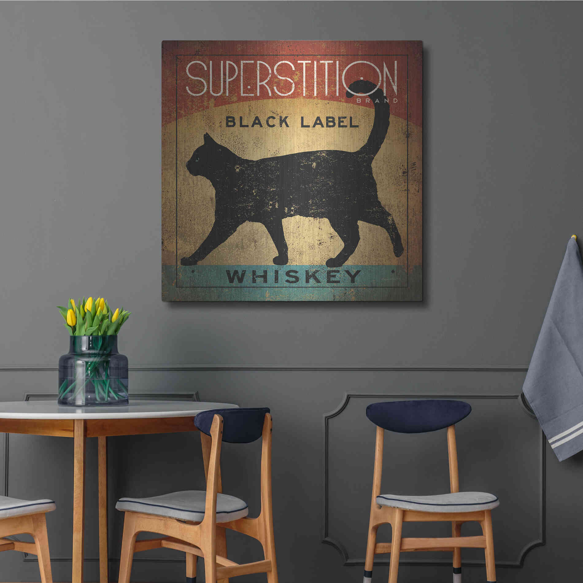 Luxe Metal Art 'Superstition Black Label Whiskey Cat' by Ryan Fowler, Metal Wall Art,36x36