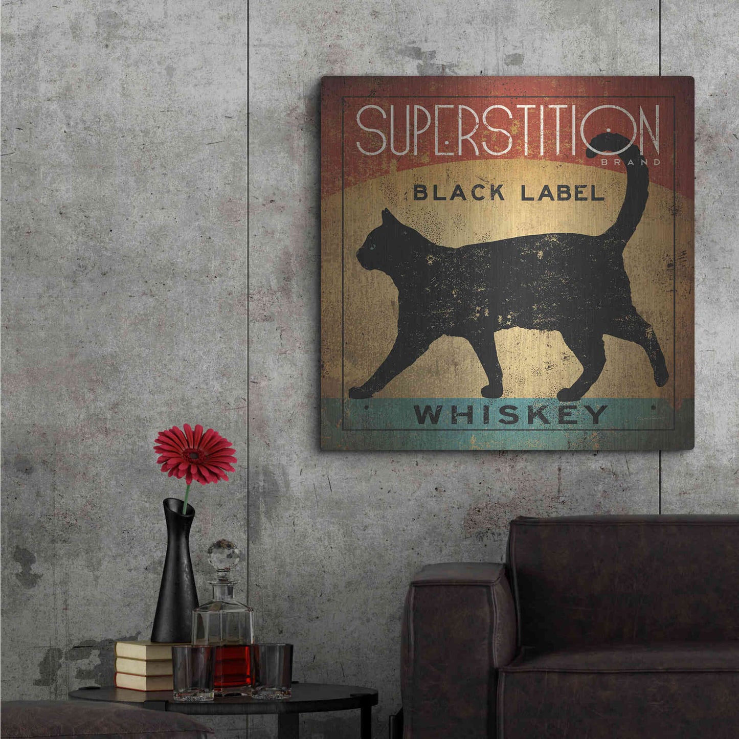 Luxe Metal Art 'Superstition Black Label Whiskey Cat' by Ryan Fowler, Metal Wall Art,36x36