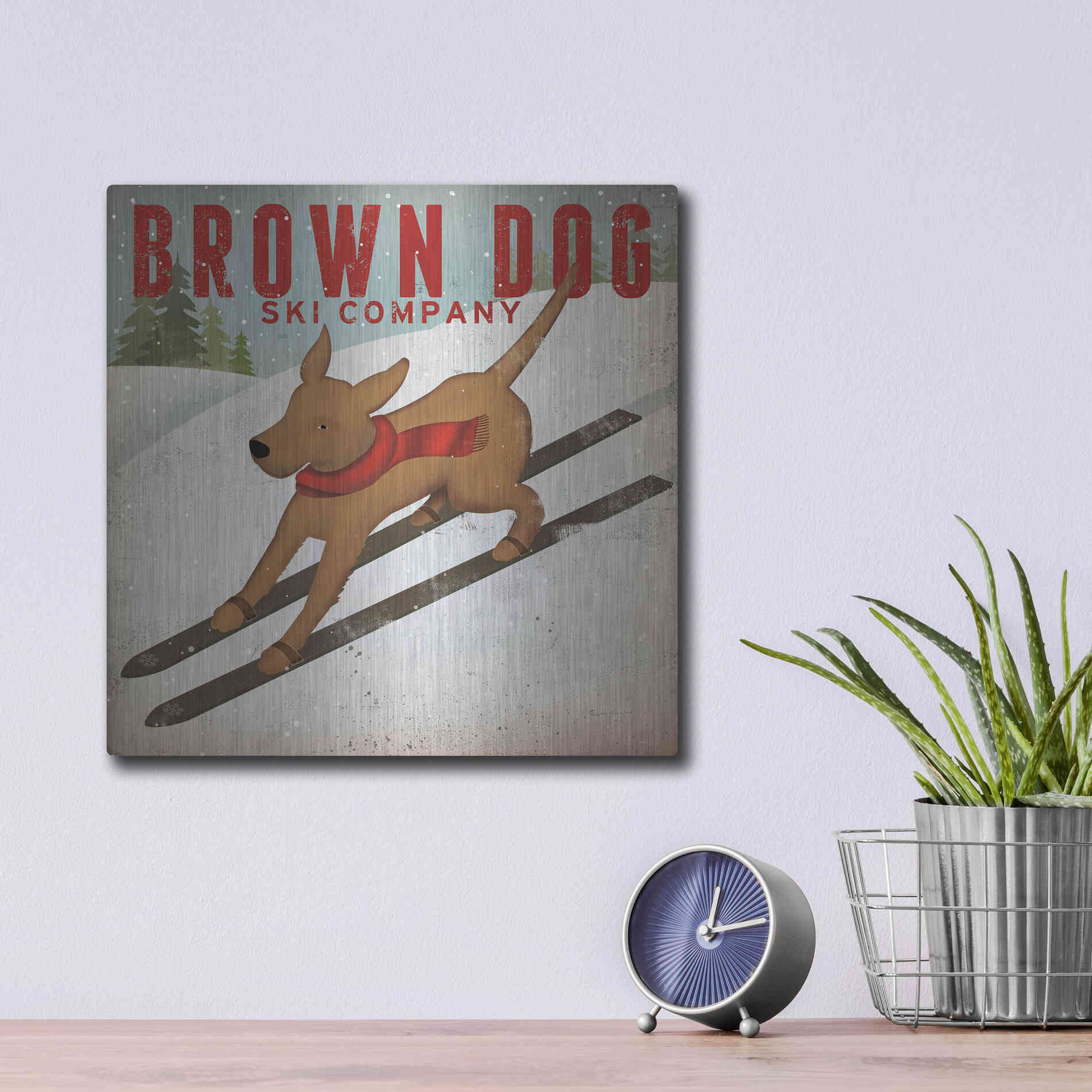 Luxe Metal Art 'Brown Dog Ski Co' by Ryan Fowler, Metal Wall Art,12x12