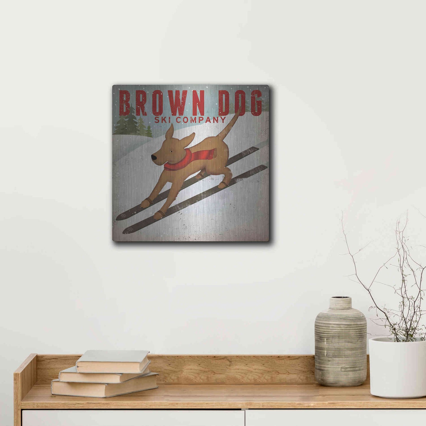 Luxe Metal Art 'Brown Dog Ski Co' by Ryan Fowler, Metal Wall Art,12x12