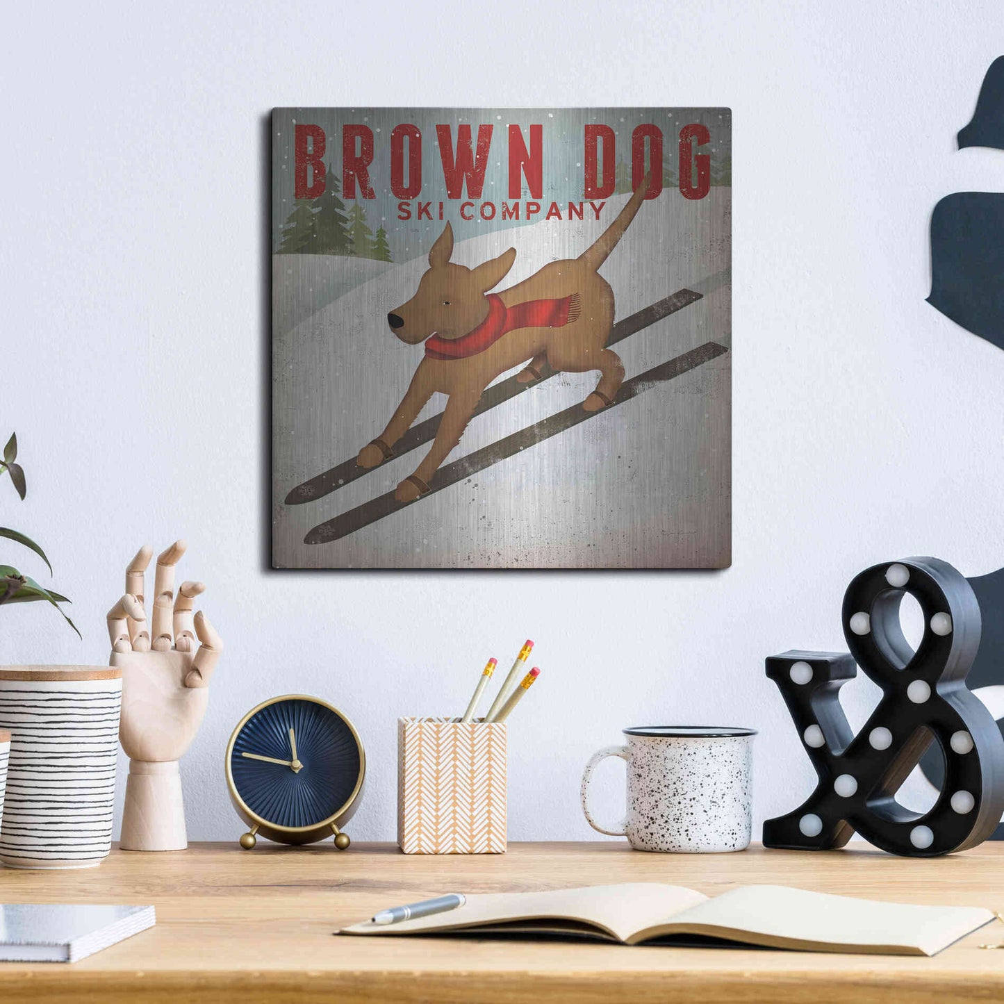 Luxe Metal Art 'Brown Dog Ski Co' by Ryan Fowler, Metal Wall Art,12x12
