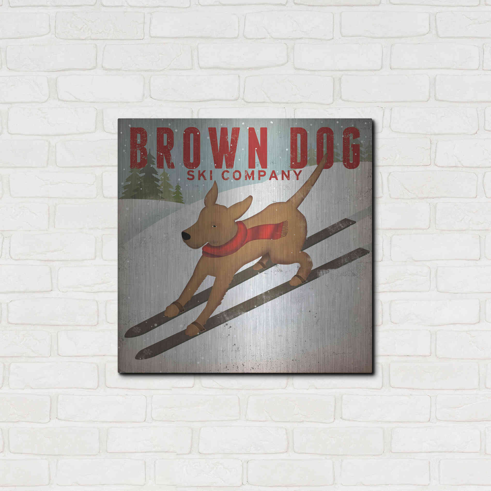 Luxe Metal Art 'Brown Dog Ski Co' by Ryan Fowler, Metal Wall Art,24x24