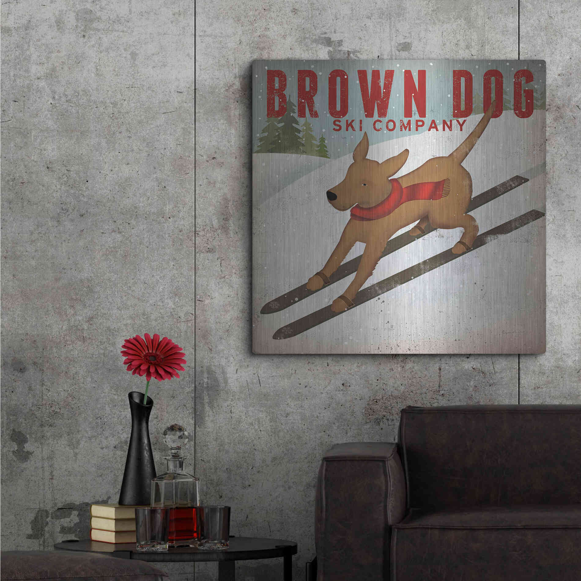 Luxe Metal Art 'Brown Dog Ski Co' by Ryan Fowler, Metal Wall Art,36x36