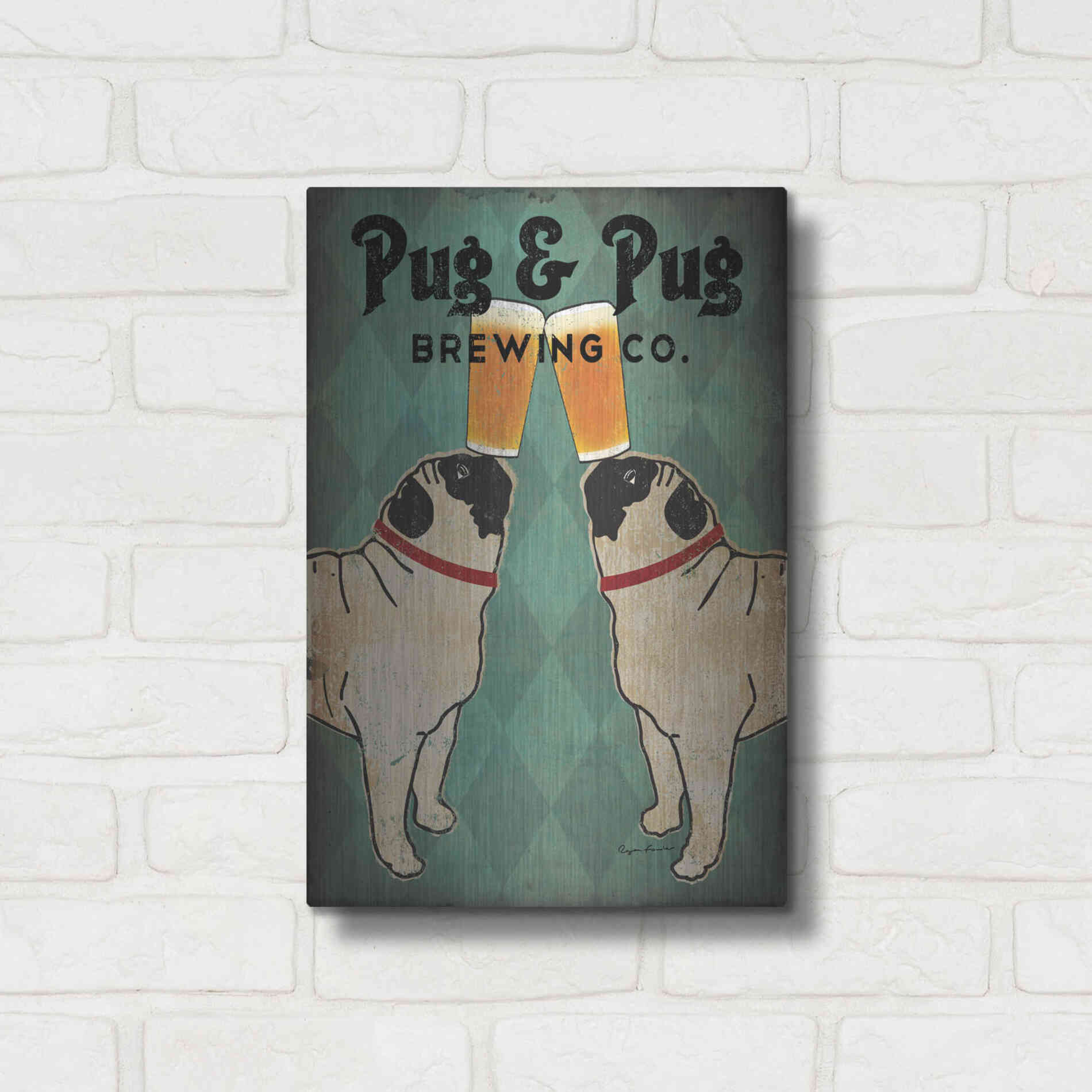 Luxe Metal Art 'Pug and Pug Brewing' by Ryan Fowler, Metal Wall Art,12x16