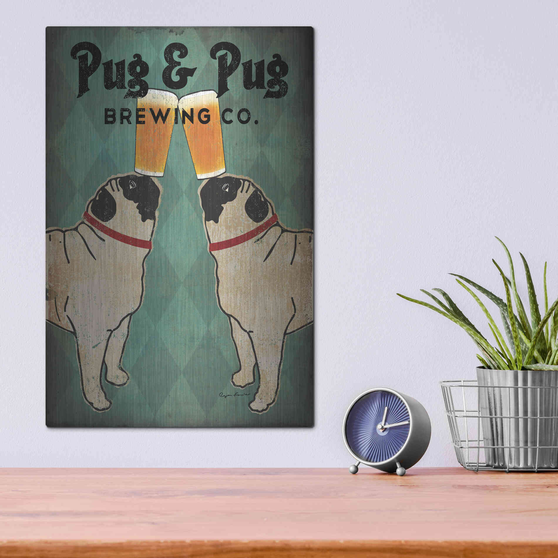 Luxe Metal Art 'Pug and Pug Brewing' by Ryan Fowler, Metal Wall Art,12x16