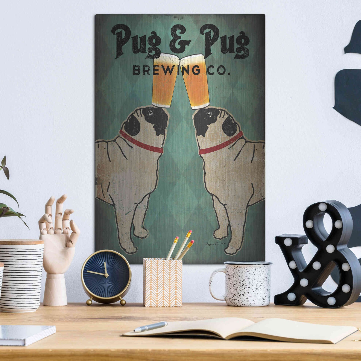 Luxe Metal Art 'Pug and Pug Brewing' by Ryan Fowler, Metal Wall Art,12x16
