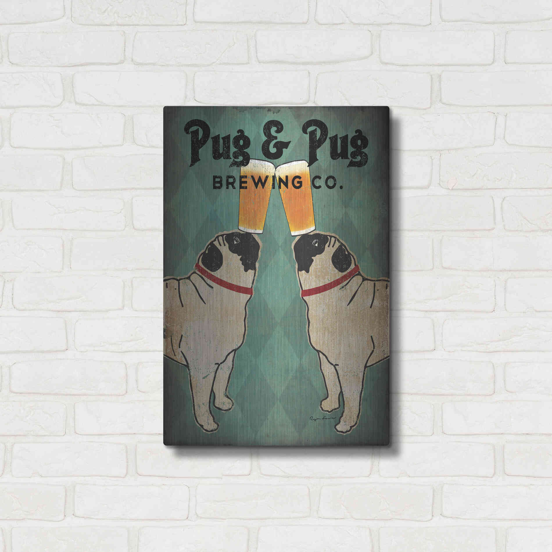 Luxe Metal Art 'Pug and Pug Brewing' by Ryan Fowler, Metal Wall Art,16x24
