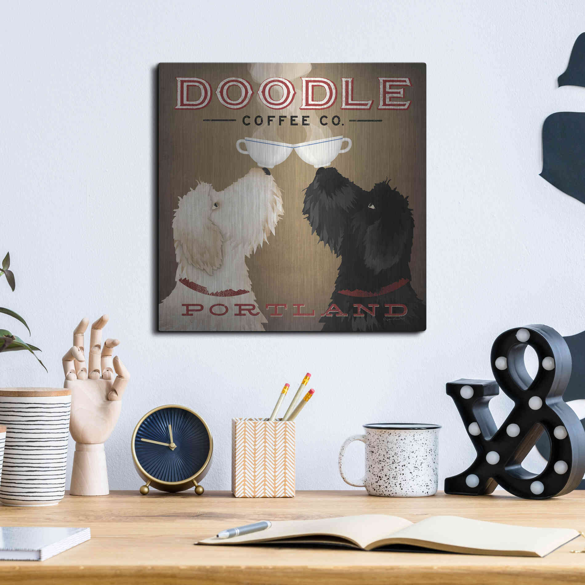 Luxe Metal Art 'Doodle Coffee Double IV Portland' by Ryan Fowler, Metal Wall Art,12x12