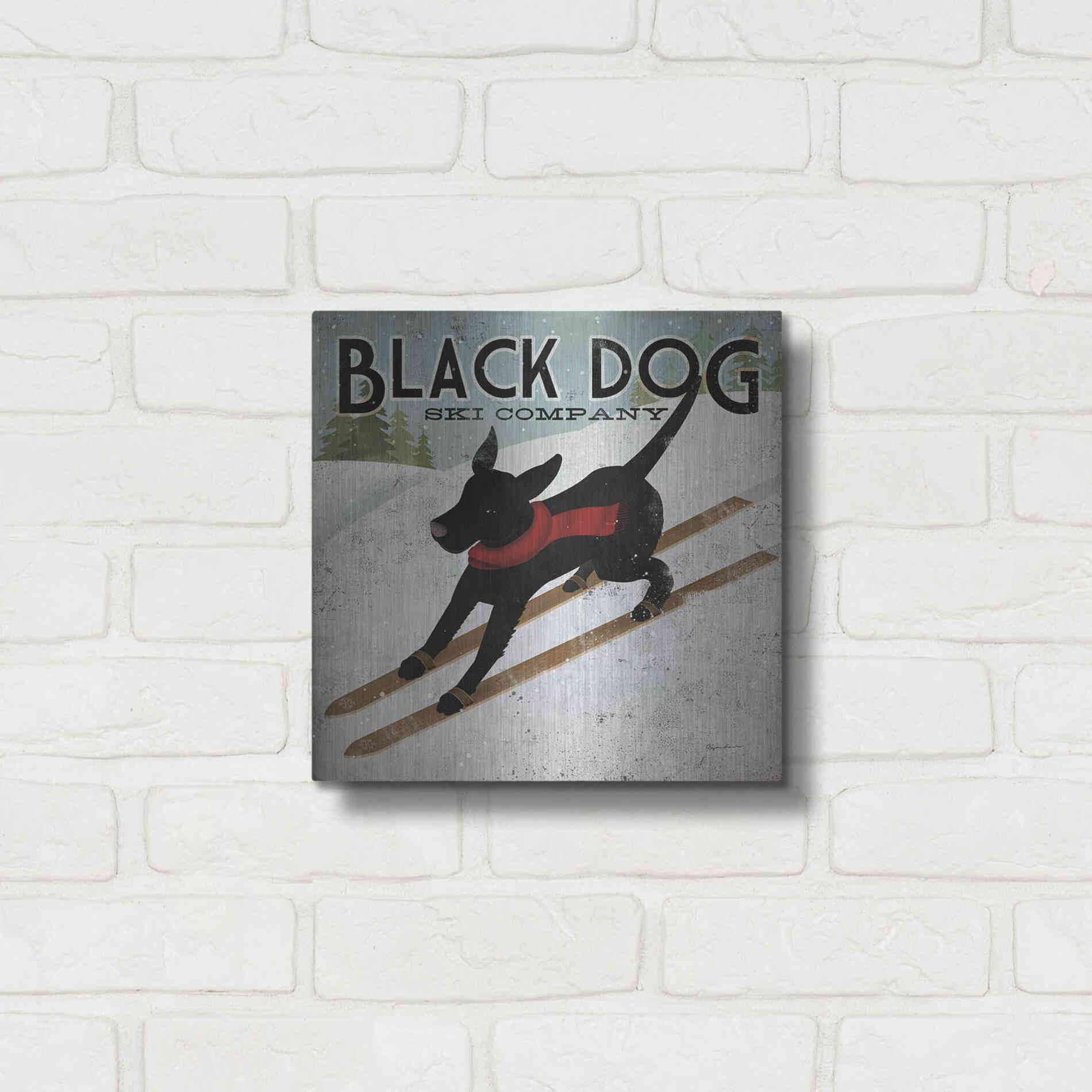 Luxe Metal Art 'Black Dog Ski' by Ryan Fowler, Metal Wall Art,12x12