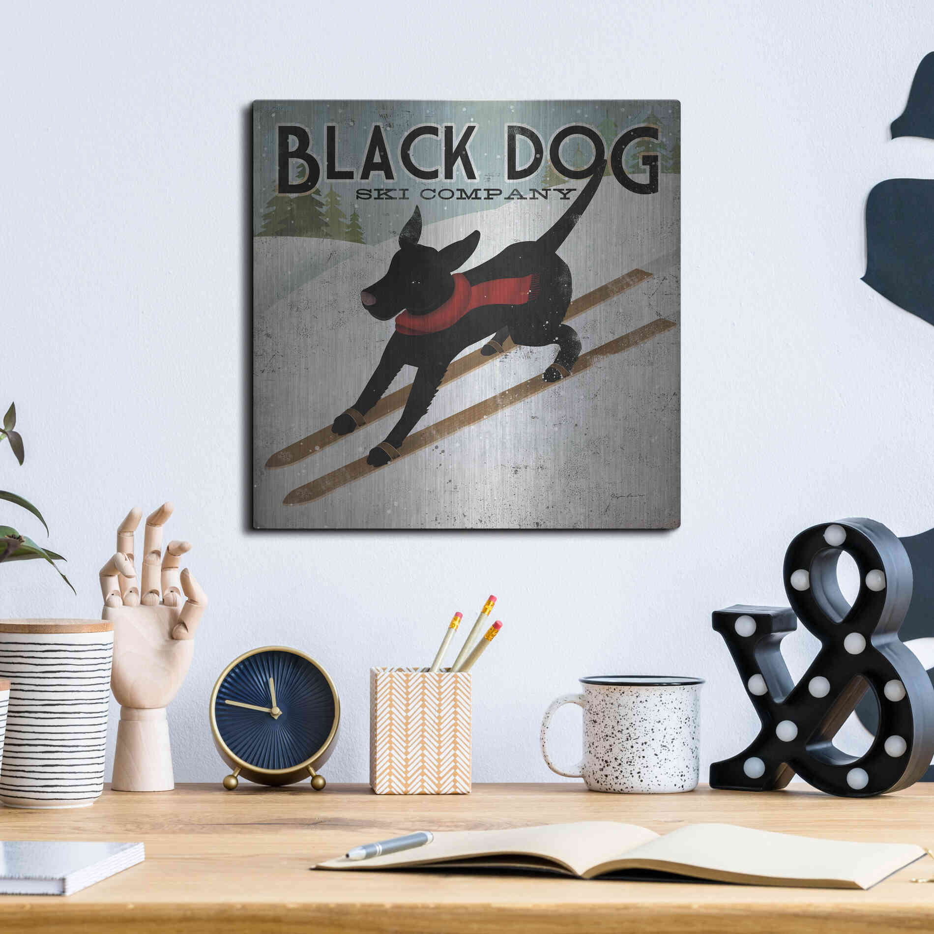 Luxe Metal Art 'Black Dog Ski' by Ryan Fowler, Metal Wall Art,12x12