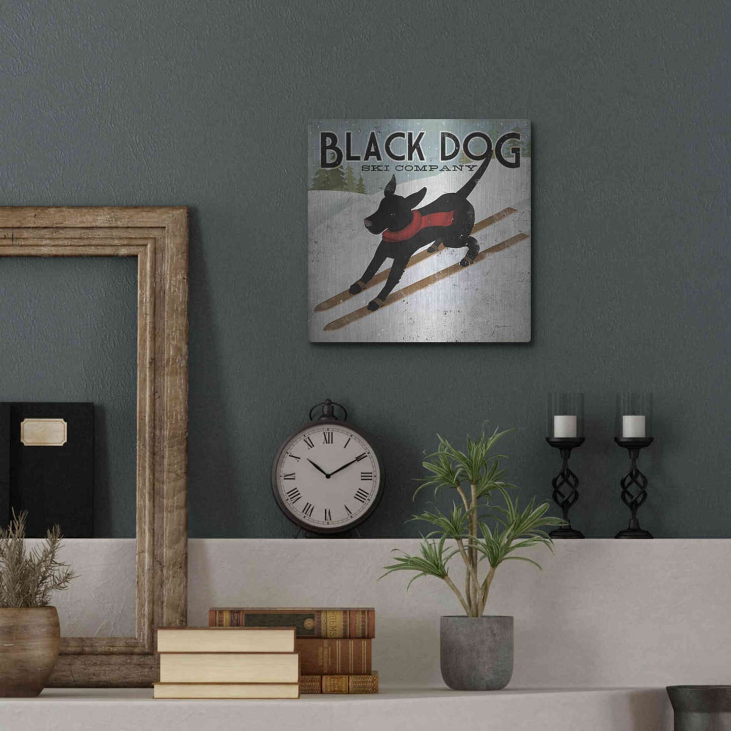 Luxe Metal Art 'Black Dog Ski' by Ryan Fowler, Metal Wall Art,12x12
