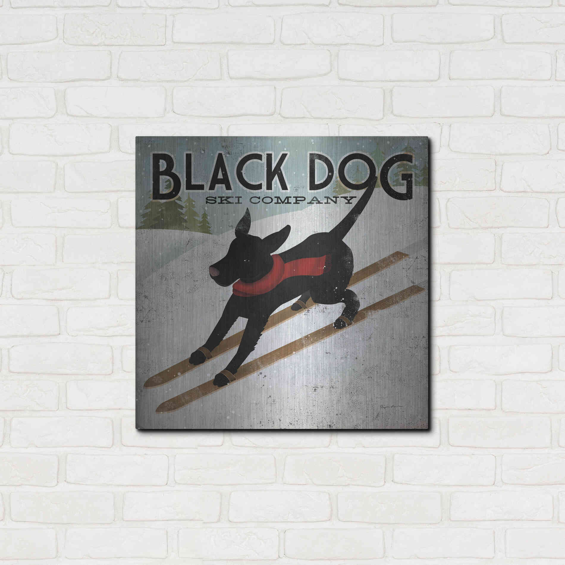 Luxe Metal Art 'Black Dog Ski' by Ryan Fowler, Metal Wall Art,24x24