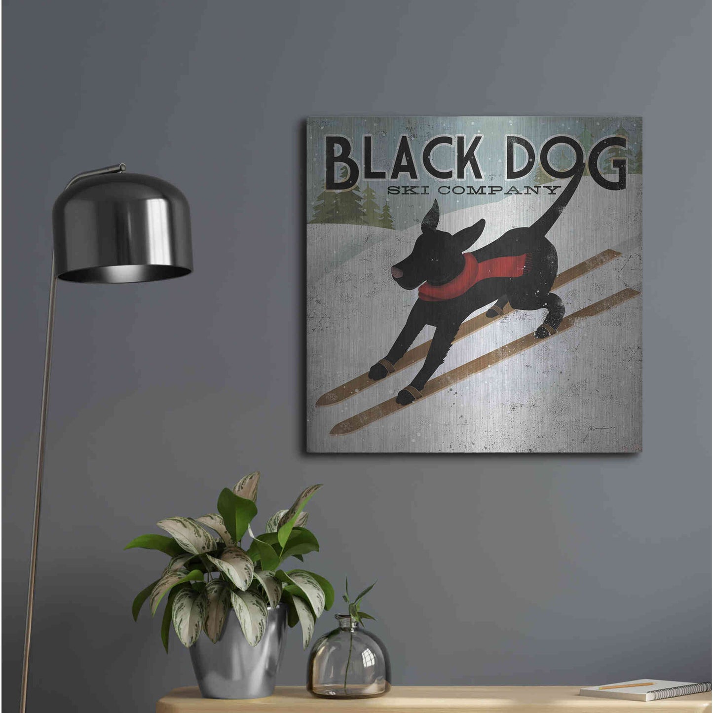 Luxe Metal Art 'Black Dog Ski' by Ryan Fowler, Metal Wall Art,24x24