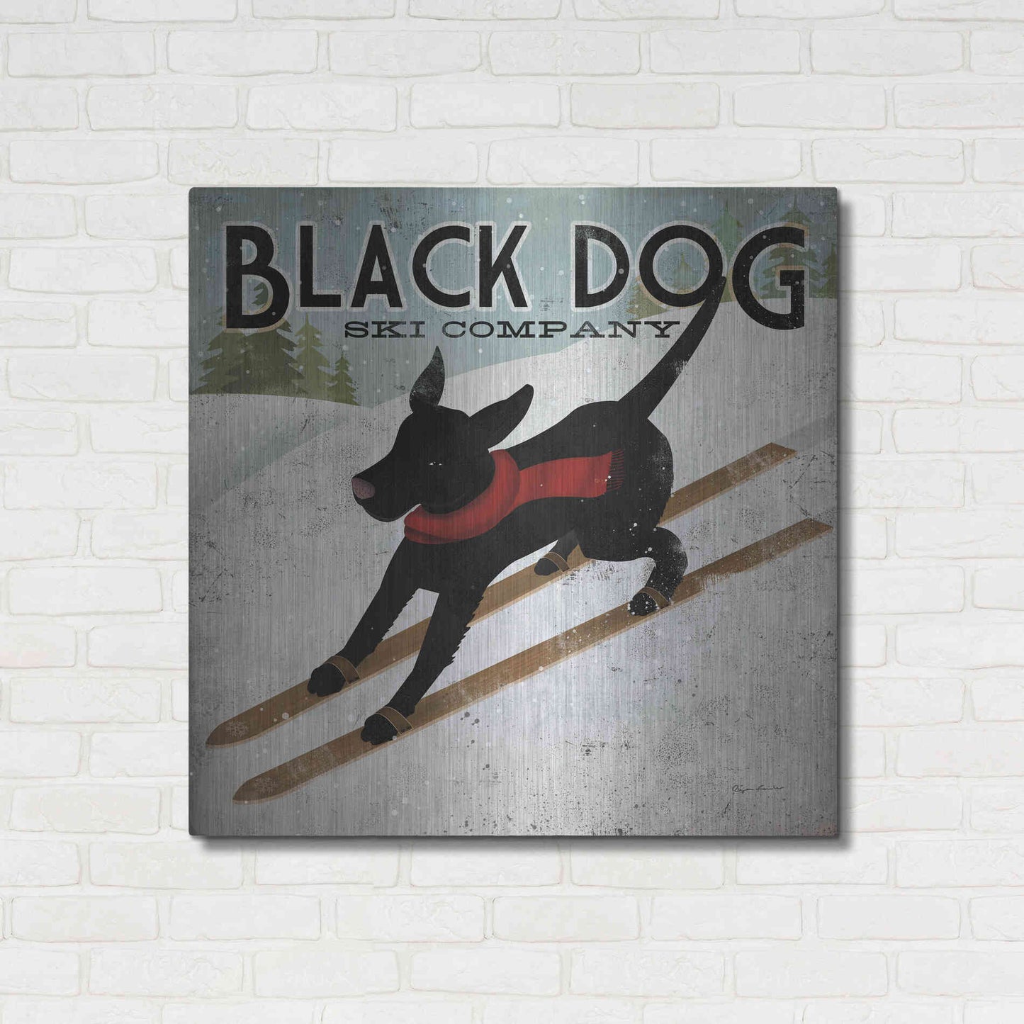 Luxe Metal Art 'Black Dog Ski' by Ryan Fowler, Metal Wall Art,36x36