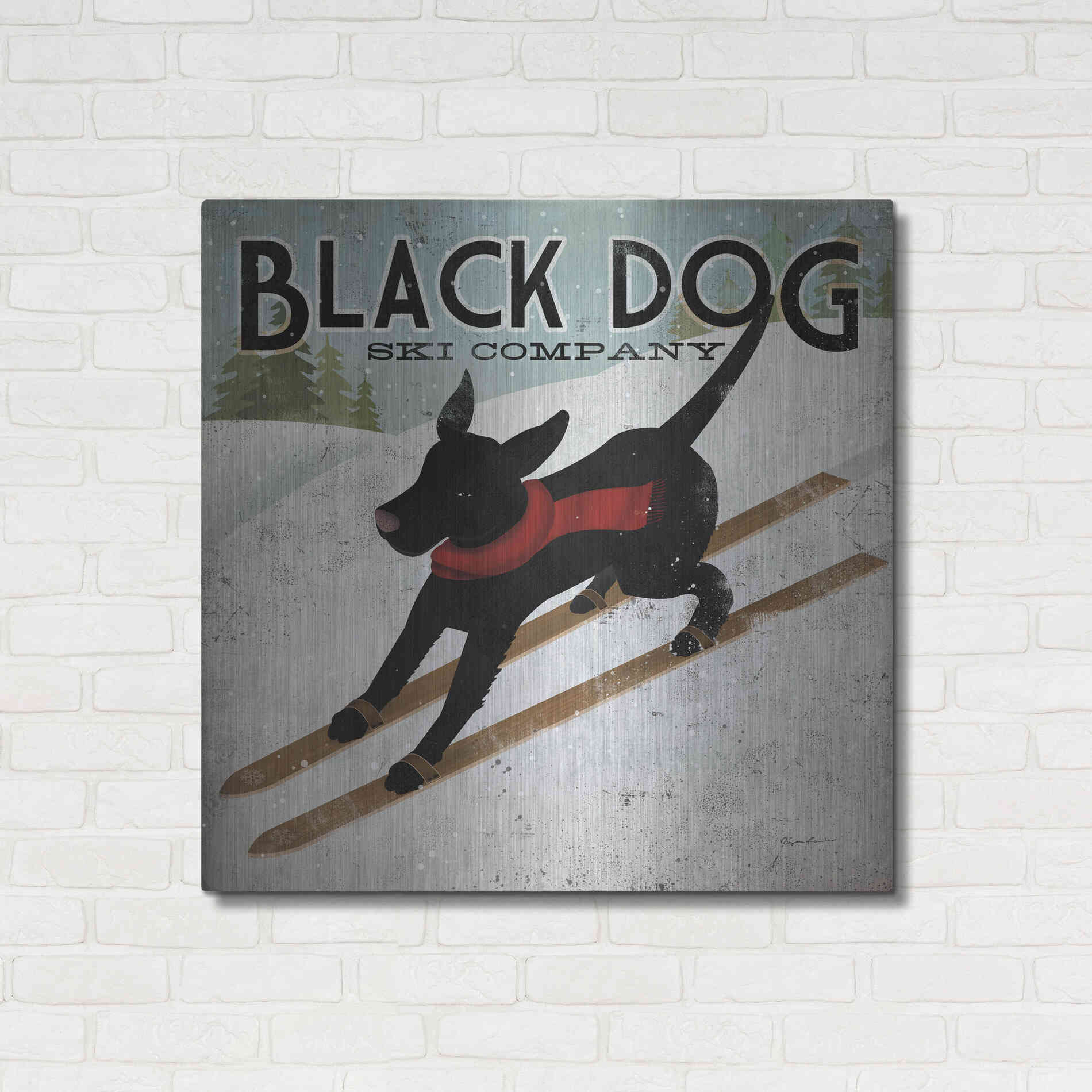 Luxe Metal Art 'Black Dog Ski' by Ryan Fowler, Metal Wall Art,36x36