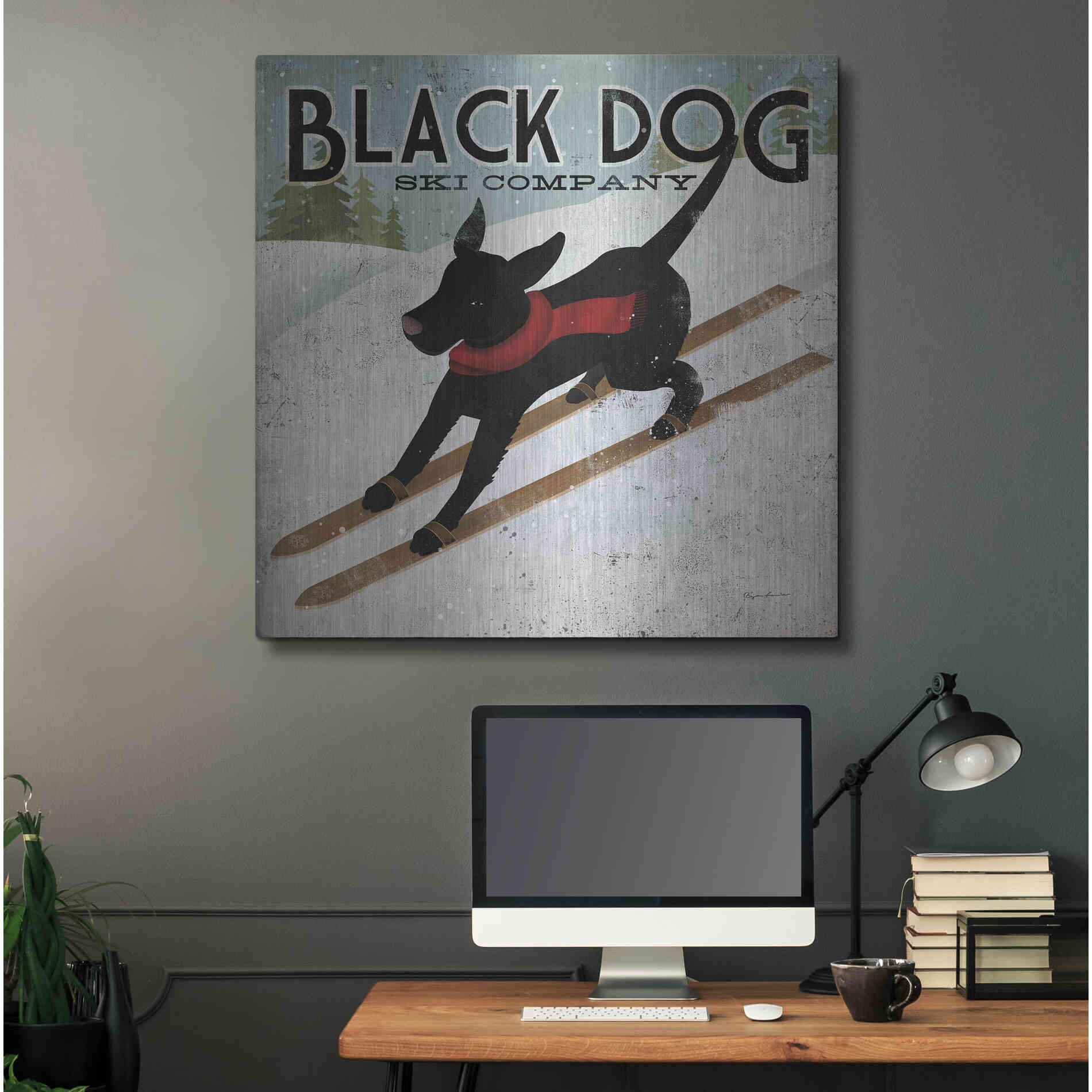 Luxe Metal Art 'Black Dog Ski' by Ryan Fowler, Metal Wall Art,36x36