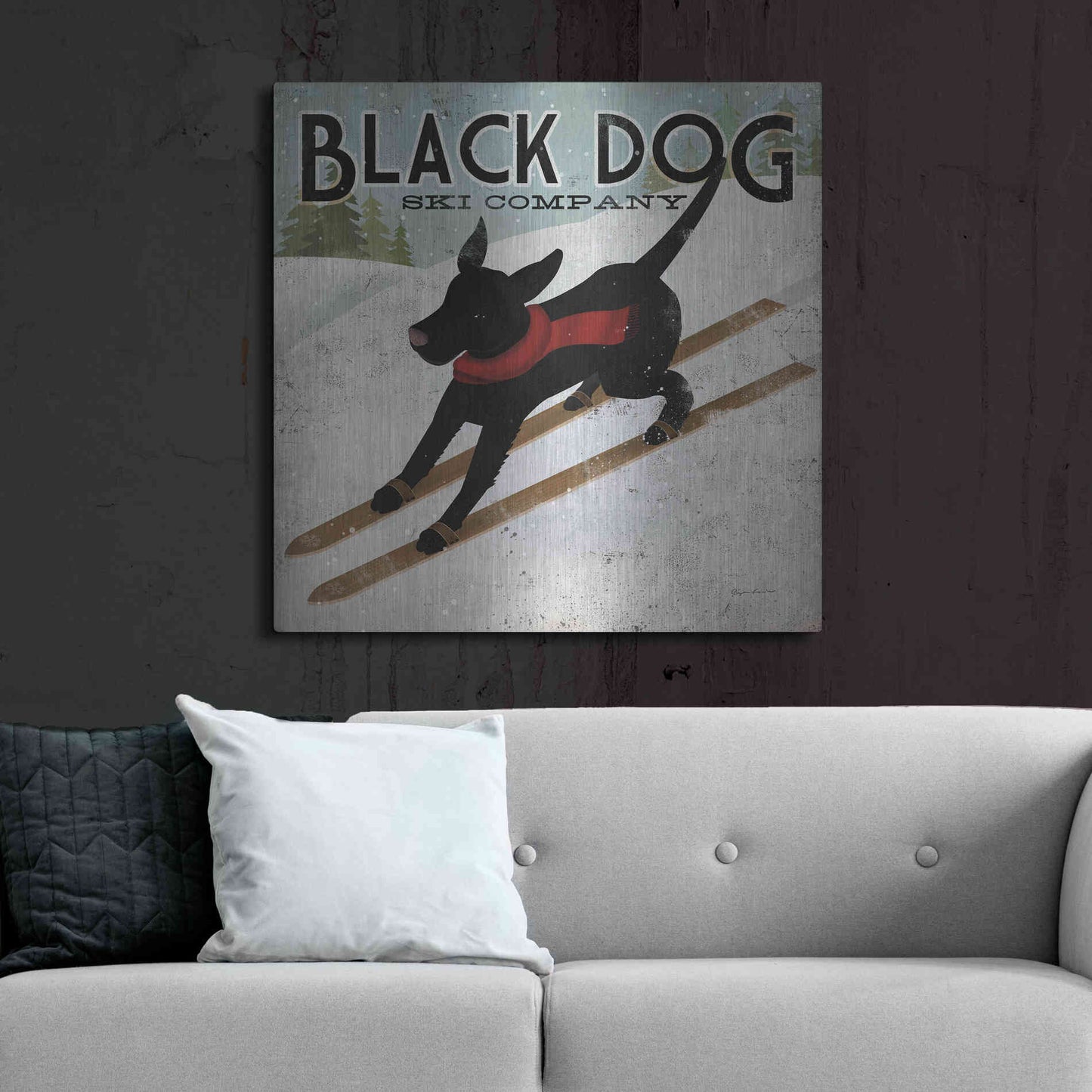 Luxe Metal Art 'Black Dog Ski' by Ryan Fowler, Metal Wall Art,36x36