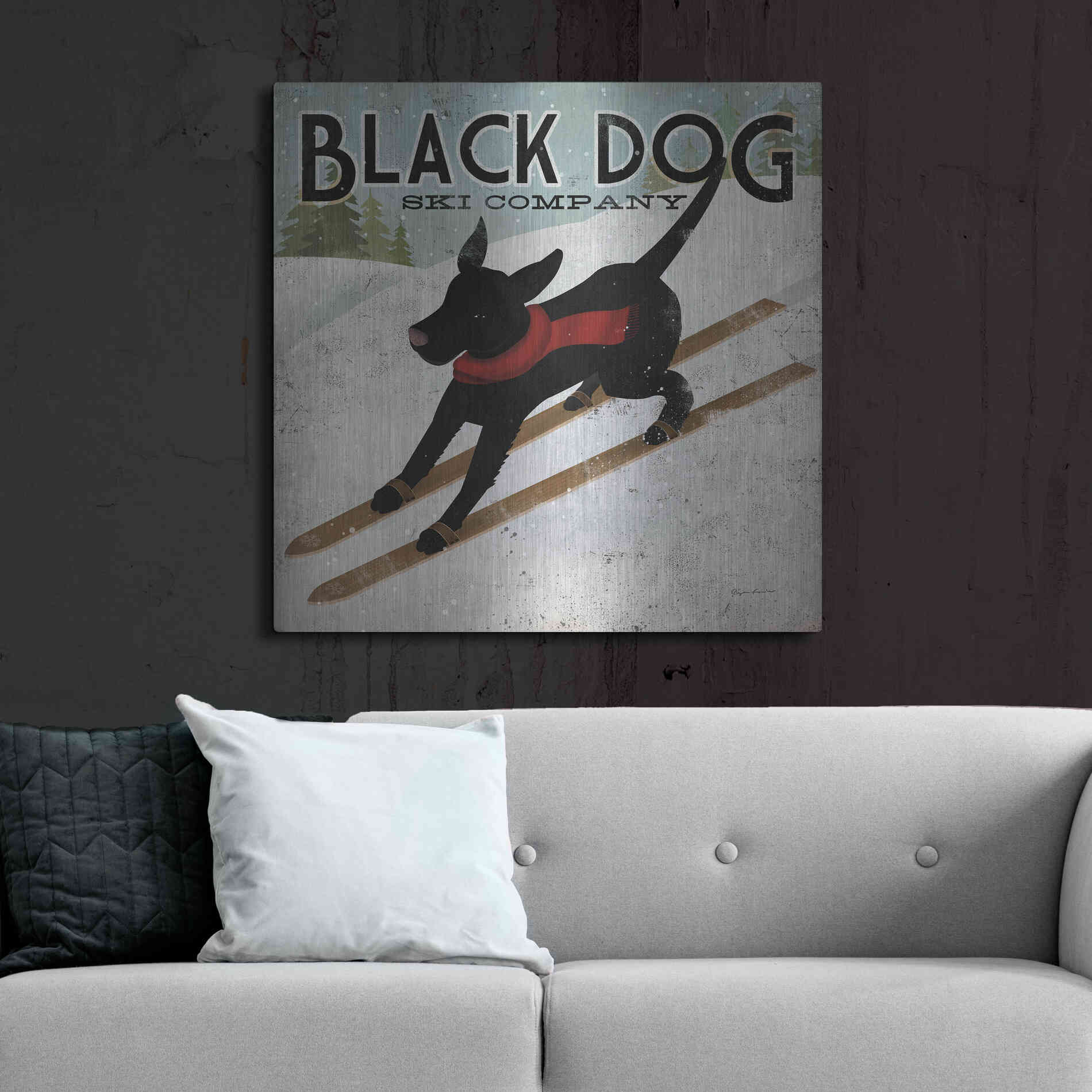 Luxe Metal Art 'Black Dog Ski' by Ryan Fowler, Metal Wall Art,36x36