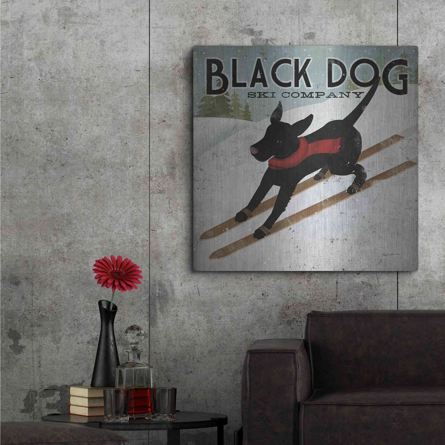 Luxe Metal Art 'Black Dog Ski' by Ryan Fowler, Metal Wall Art,36x36