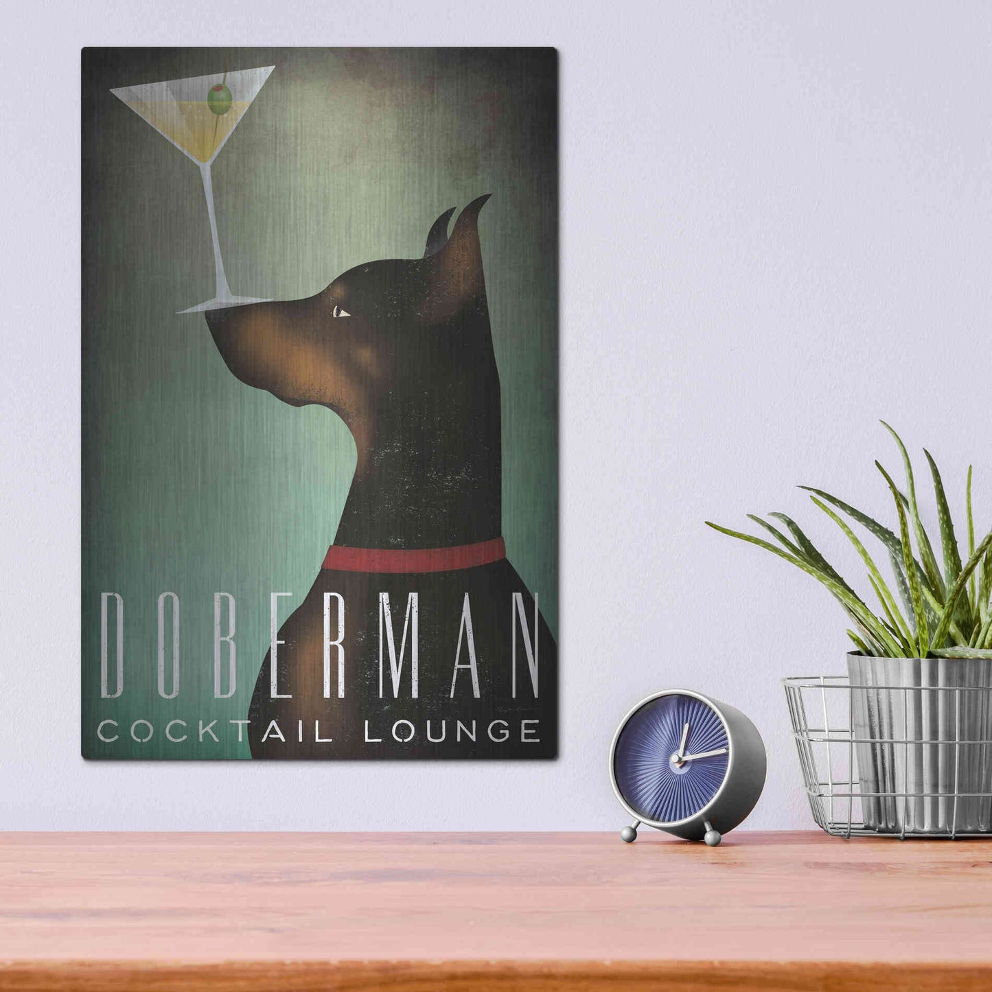 Luxe Metal Art 'Doberman Martini' by Ryan Fowler, Metal Wall Art,12x16