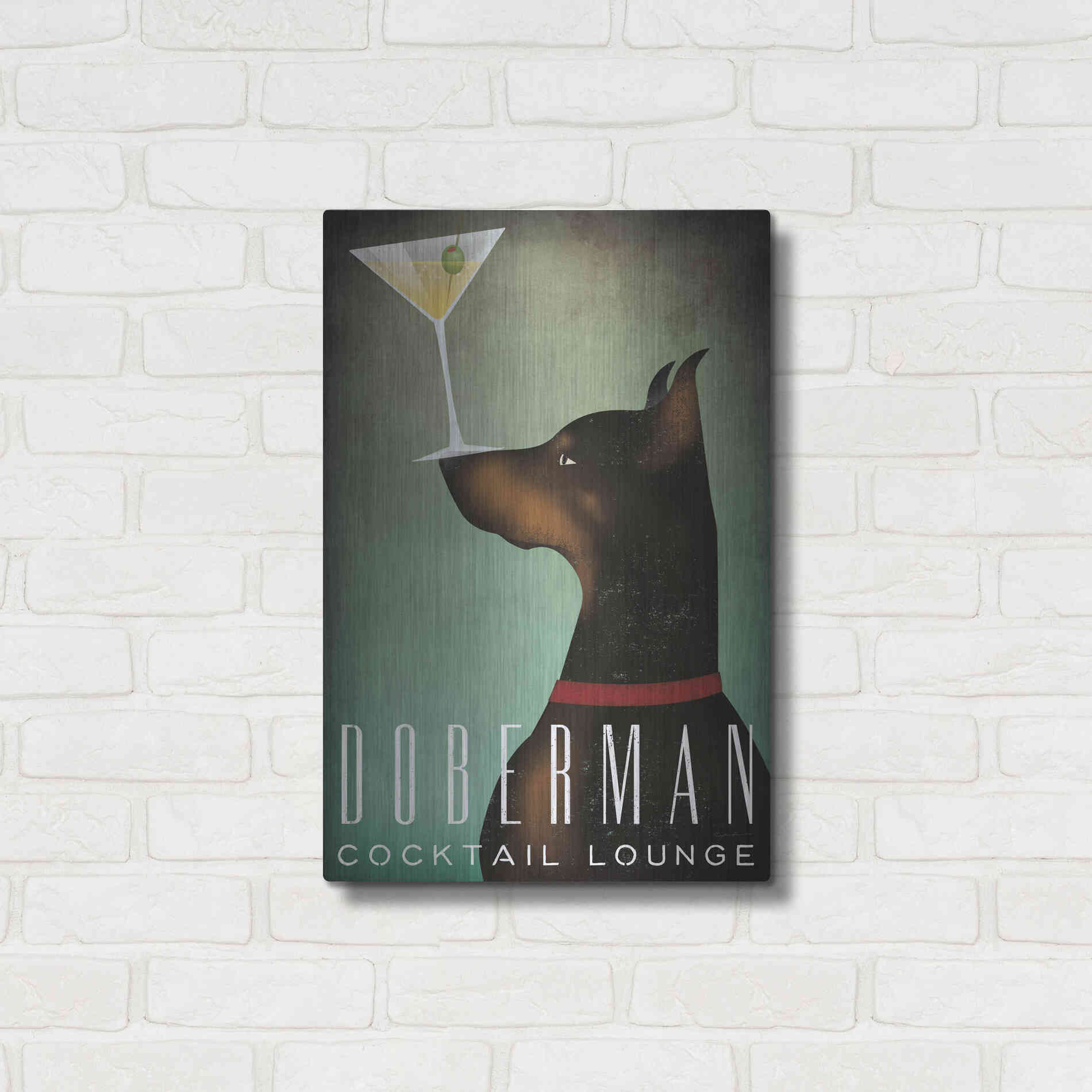 Luxe Metal Art 'Doberman Martini' by Ryan Fowler, Metal Wall Art,16x24