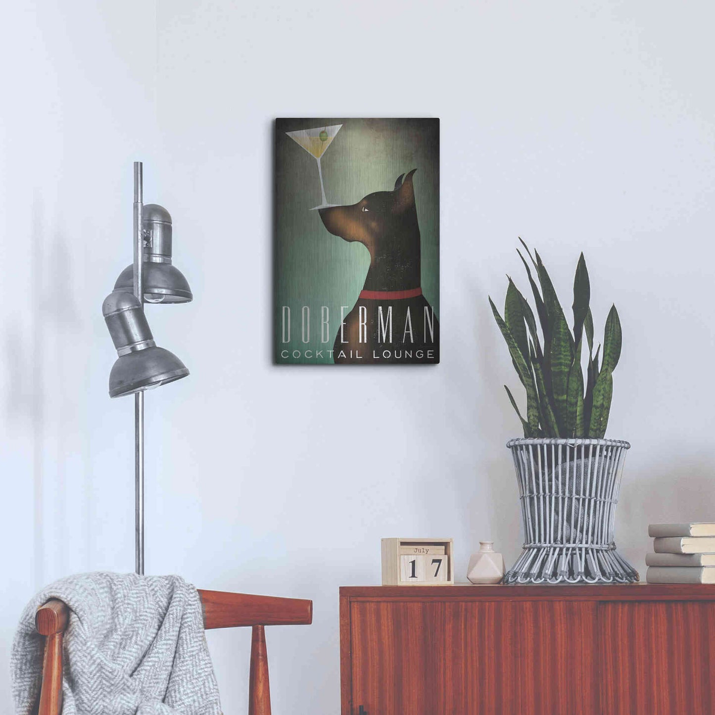 Luxe Metal Art 'Doberman Martini' by Ryan Fowler, Metal Wall Art,16x24