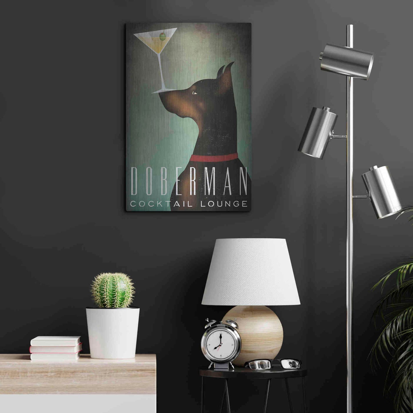 Luxe Metal Art 'Doberman Martini' by Ryan Fowler, Metal Wall Art,16x24