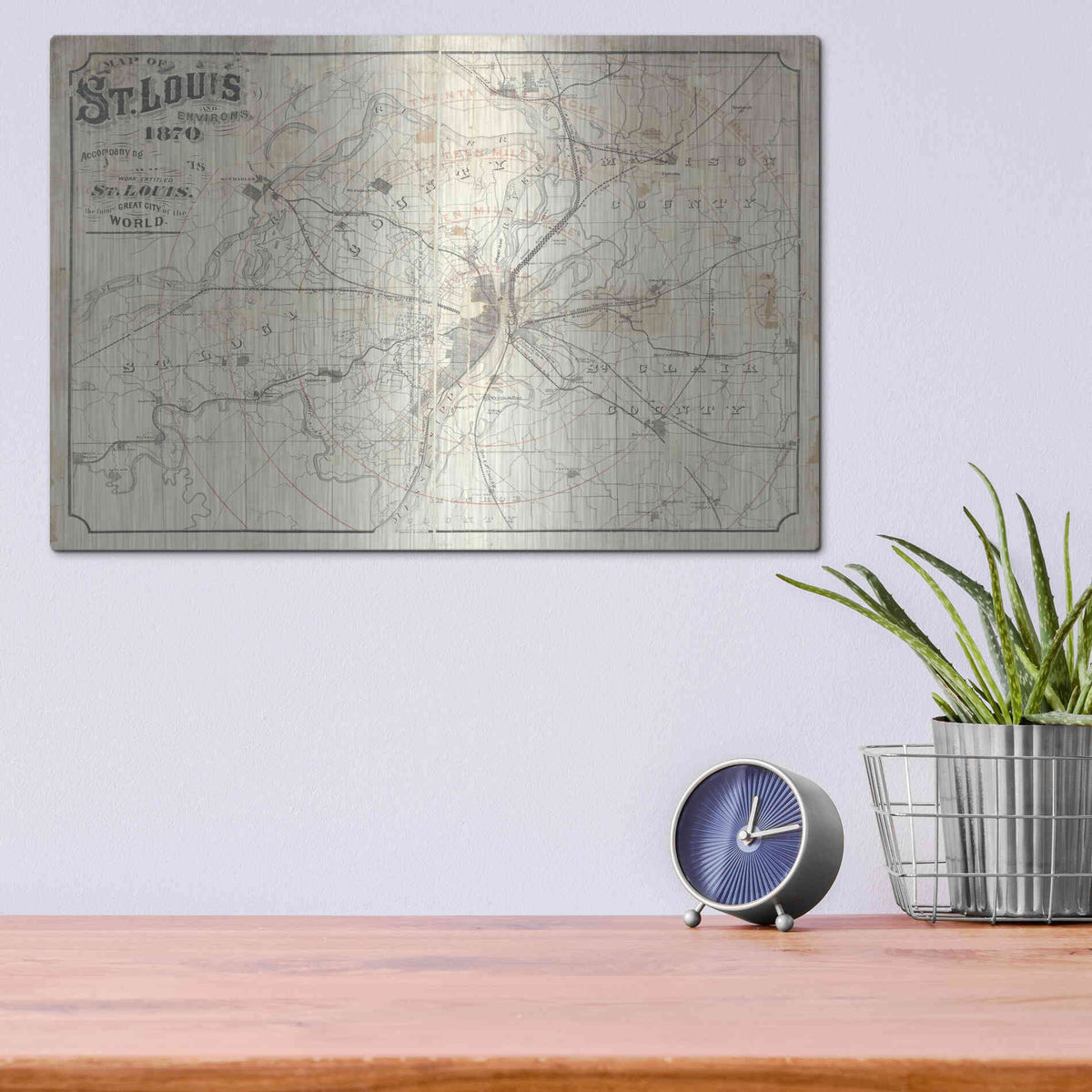 Luxe Metal Art 'Vintage St Louis Map v2' by Wild Apple Portfolio, Metal Wall Art,16x12