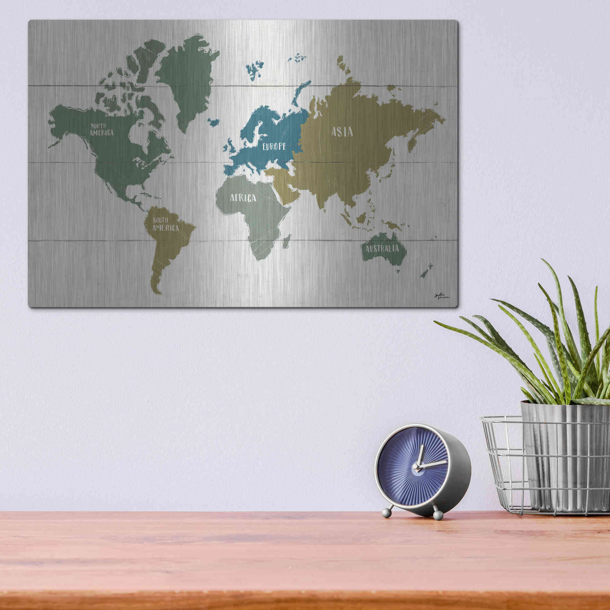 Luxe Metal Art 'Peace and Lodge World Map' by Janelle Penner, Metal Wall Art,16x12