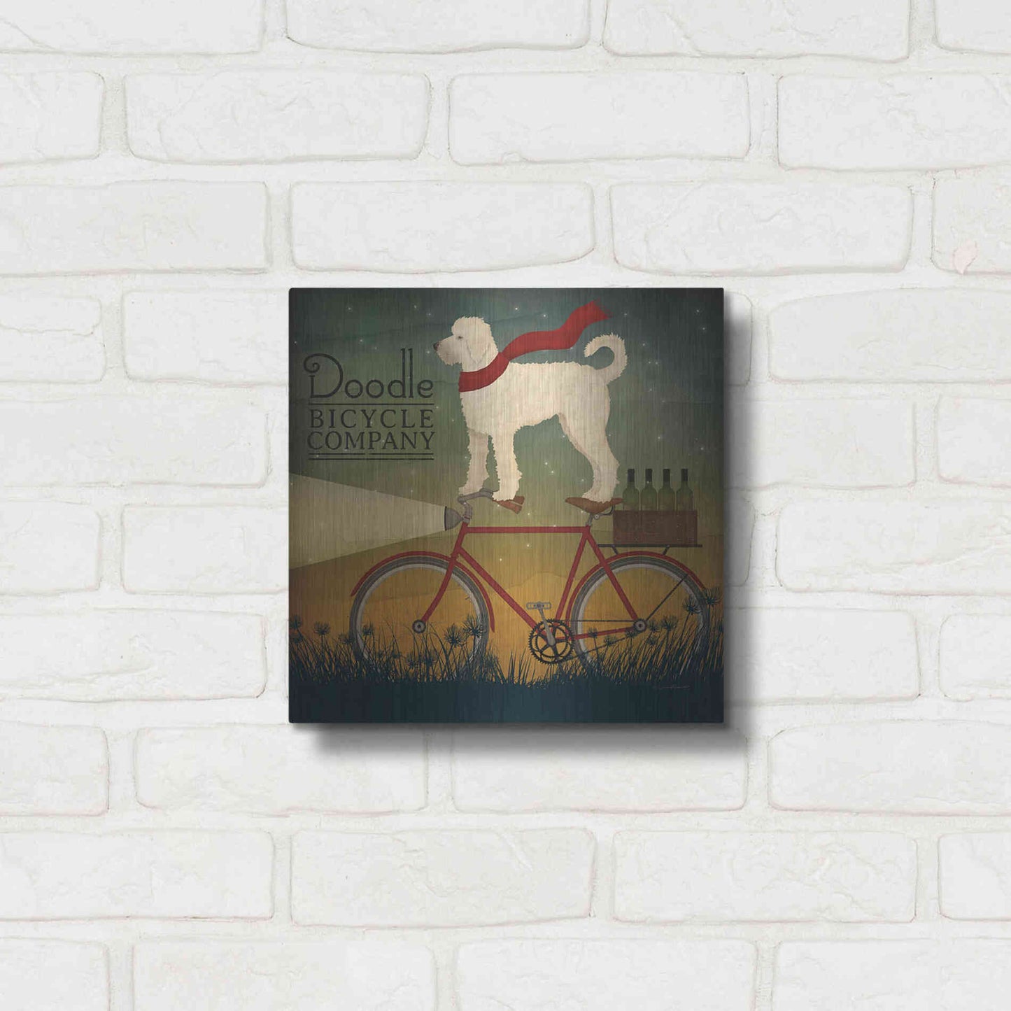 Luxe Metal Art 'White Doodle on Bike Summer' by Ryan Fowler, Metal Wall Art,12x12