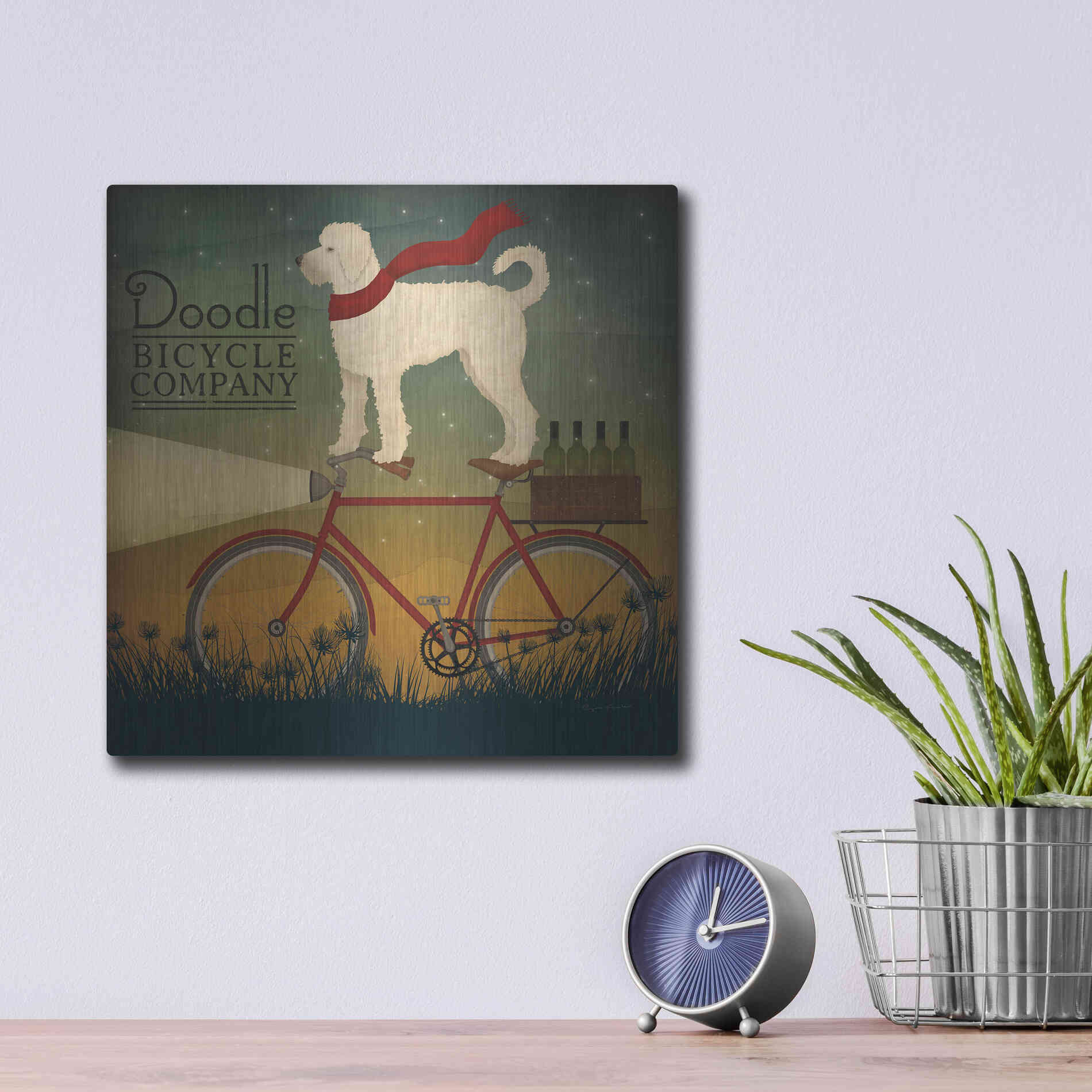 Luxe Metal Art 'White Doodle on Bike Summer' by Ryan Fowler, Metal Wall Art,12x12