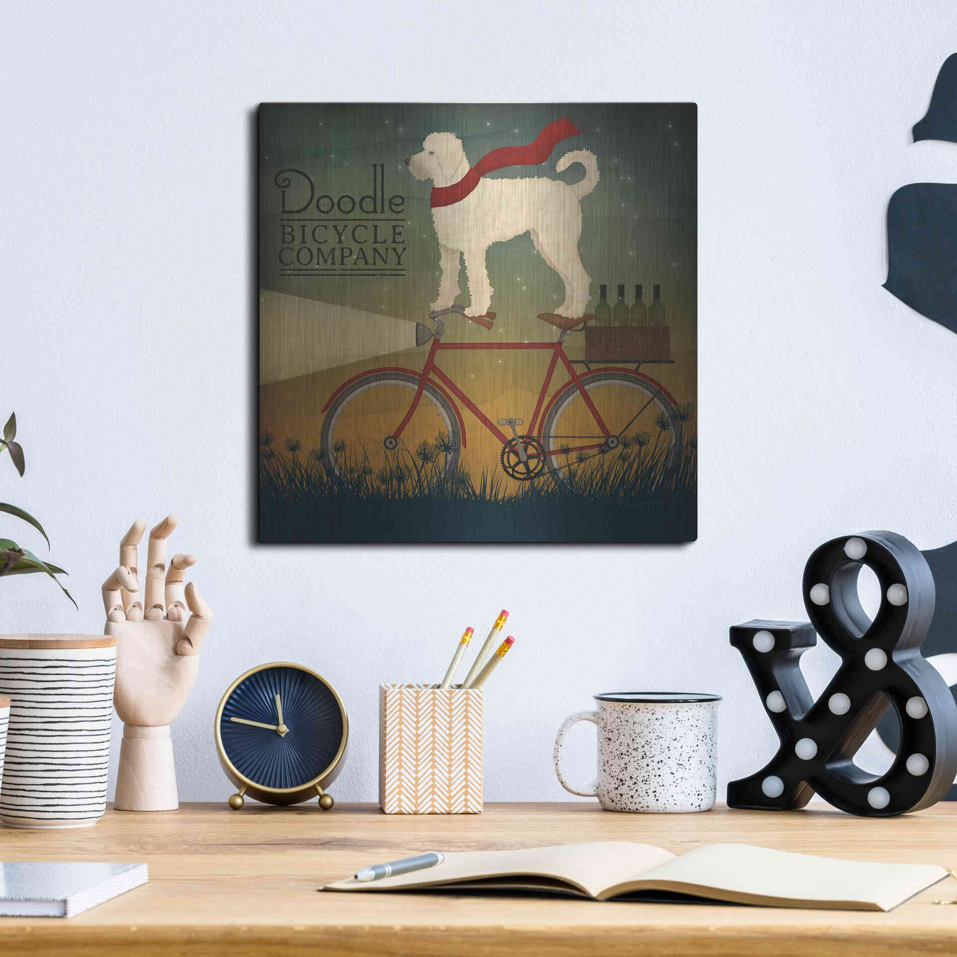Luxe Metal Art 'White Doodle on Bike Summer' by Ryan Fowler, Metal Wall Art,12x12