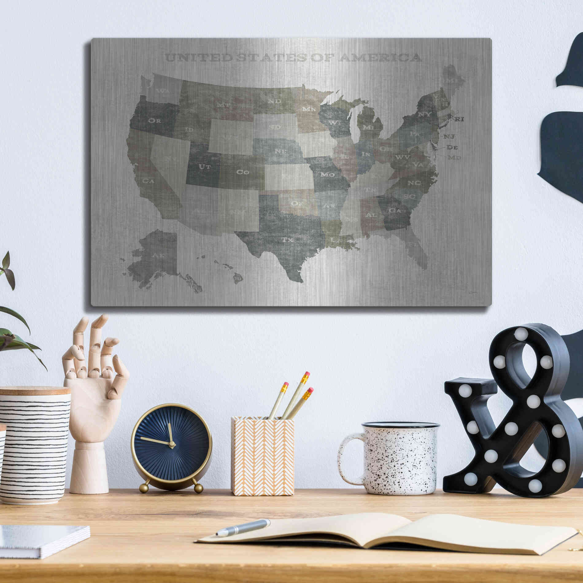 Luxe Metal Art 'Slate US Map' by Sue Schlabach, Metal Wall Art,16x12