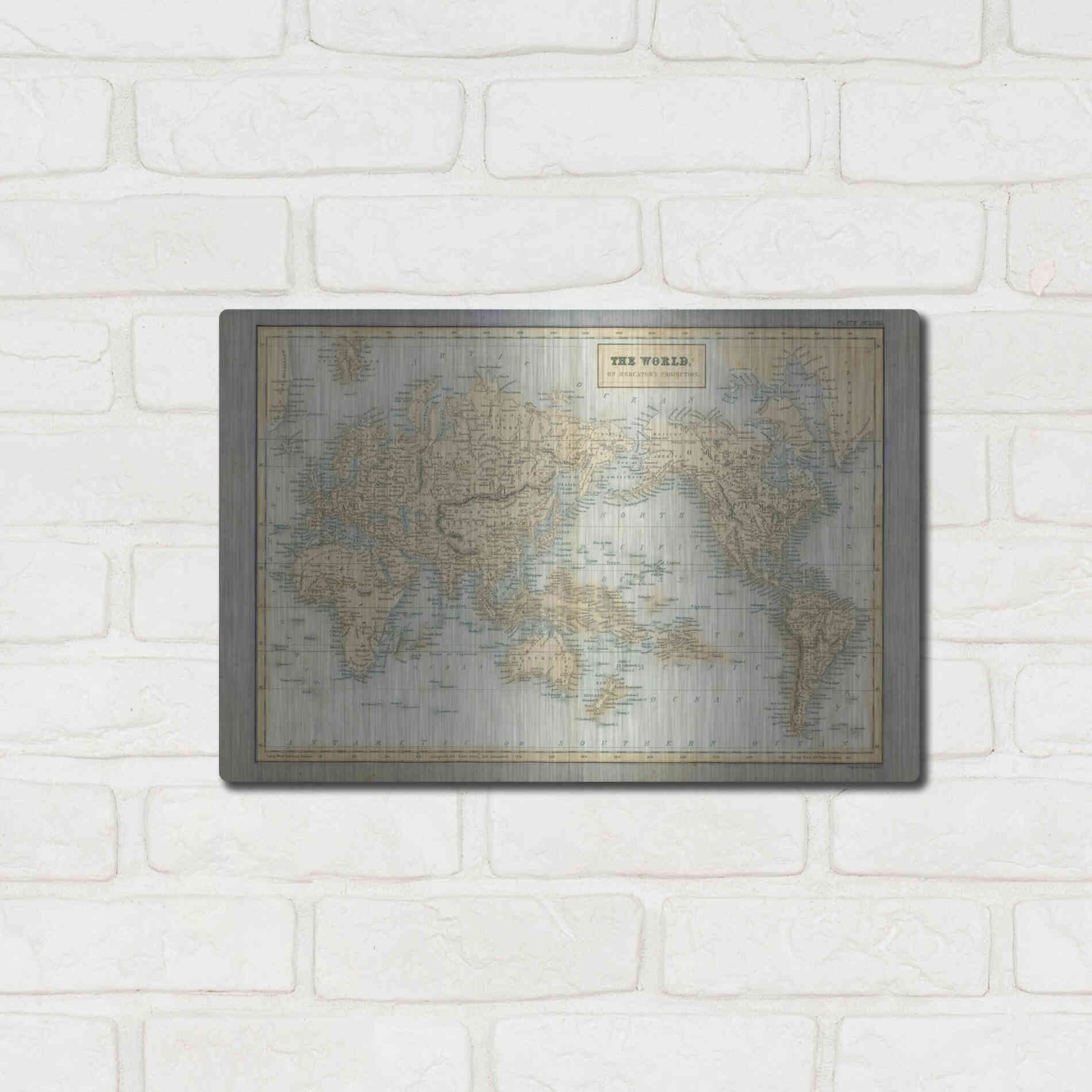 Luxe Metal Art 'The World Map Neutral' by Wild Apple Portfolio, Metal Wall Art,16x12