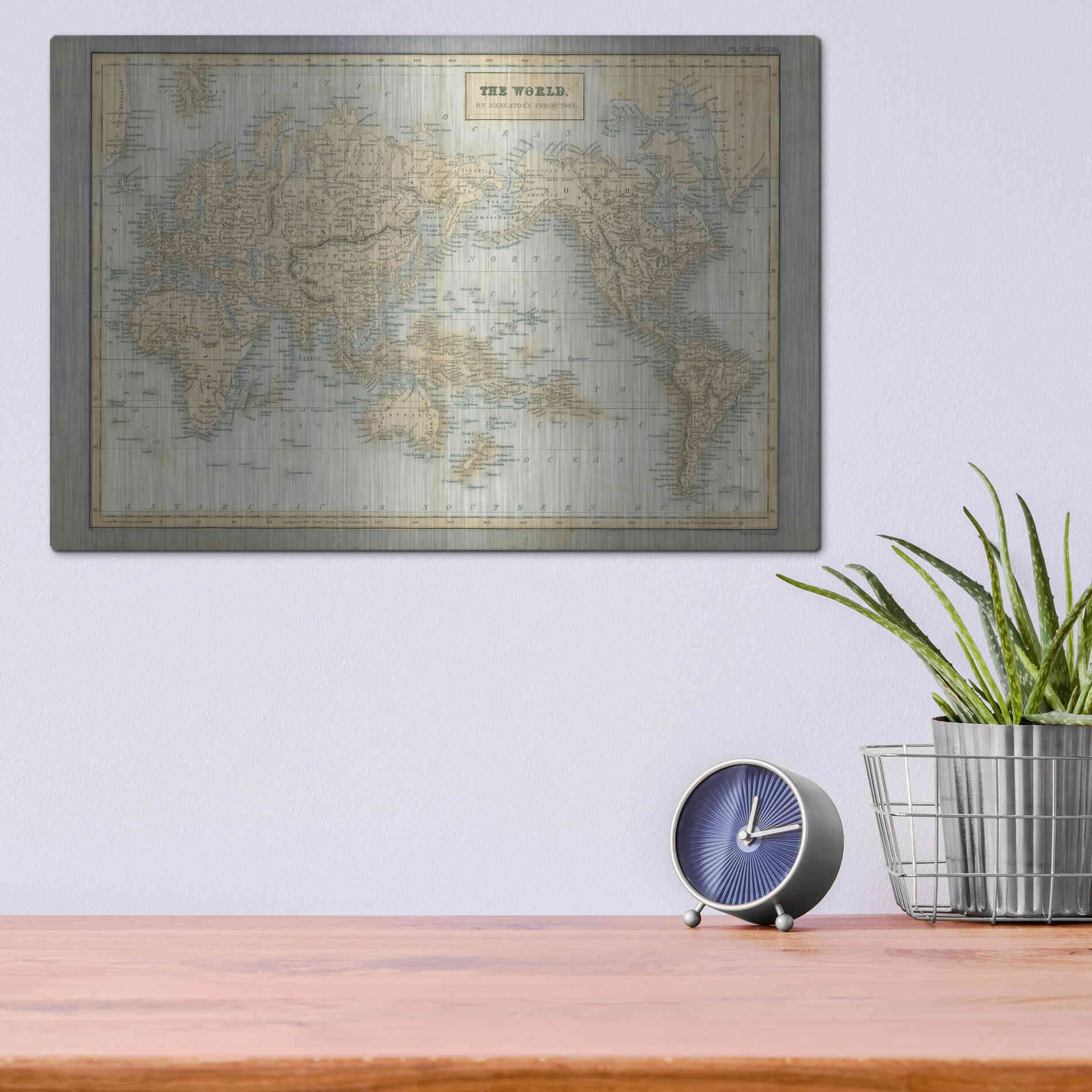 Luxe Metal Art 'The World Map Neutral' by Wild Apple Portfolio, Metal Wall Art,16x12