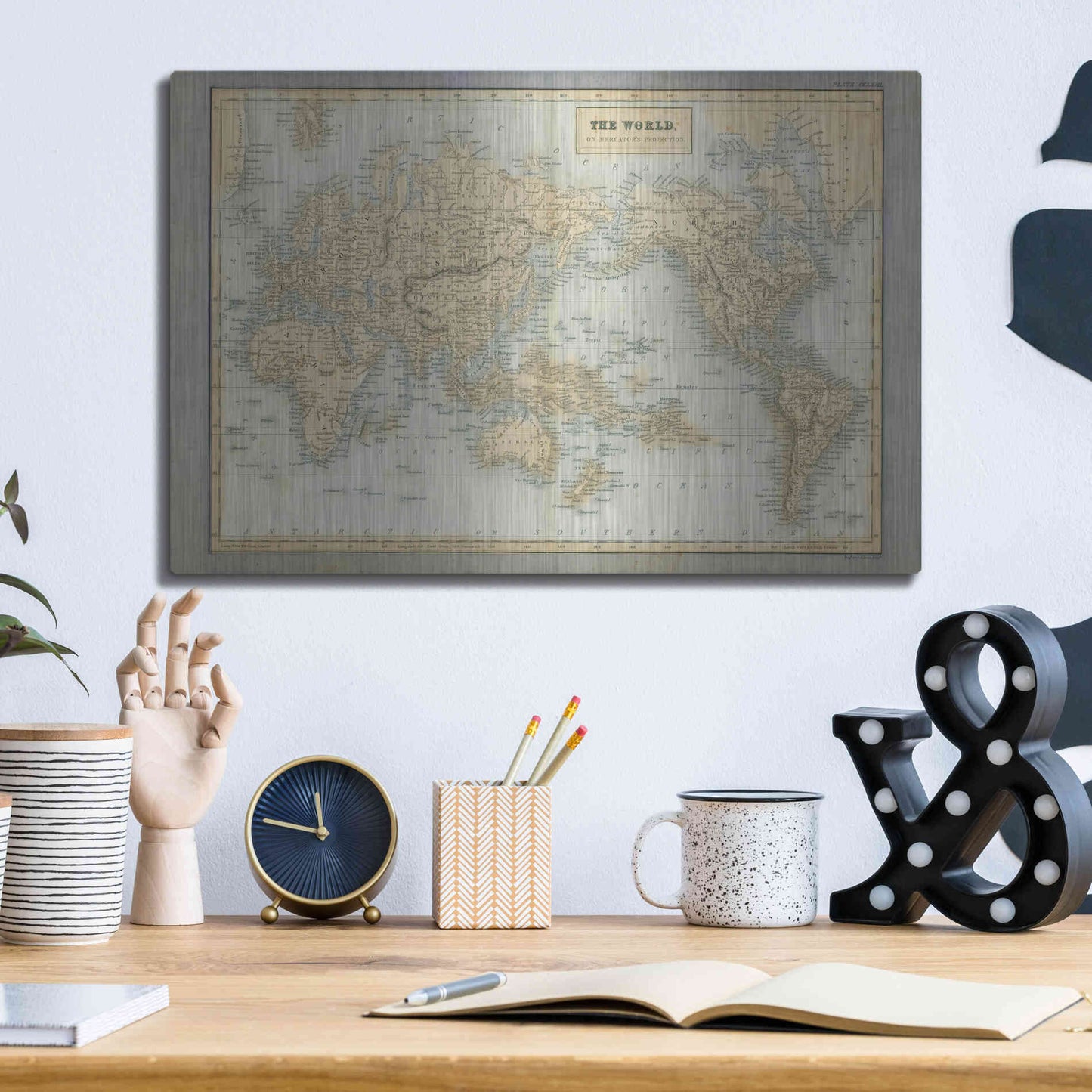 Luxe Metal Art 'The World Map Neutral' by Wild Apple Portfolio, Metal Wall Art,16x12