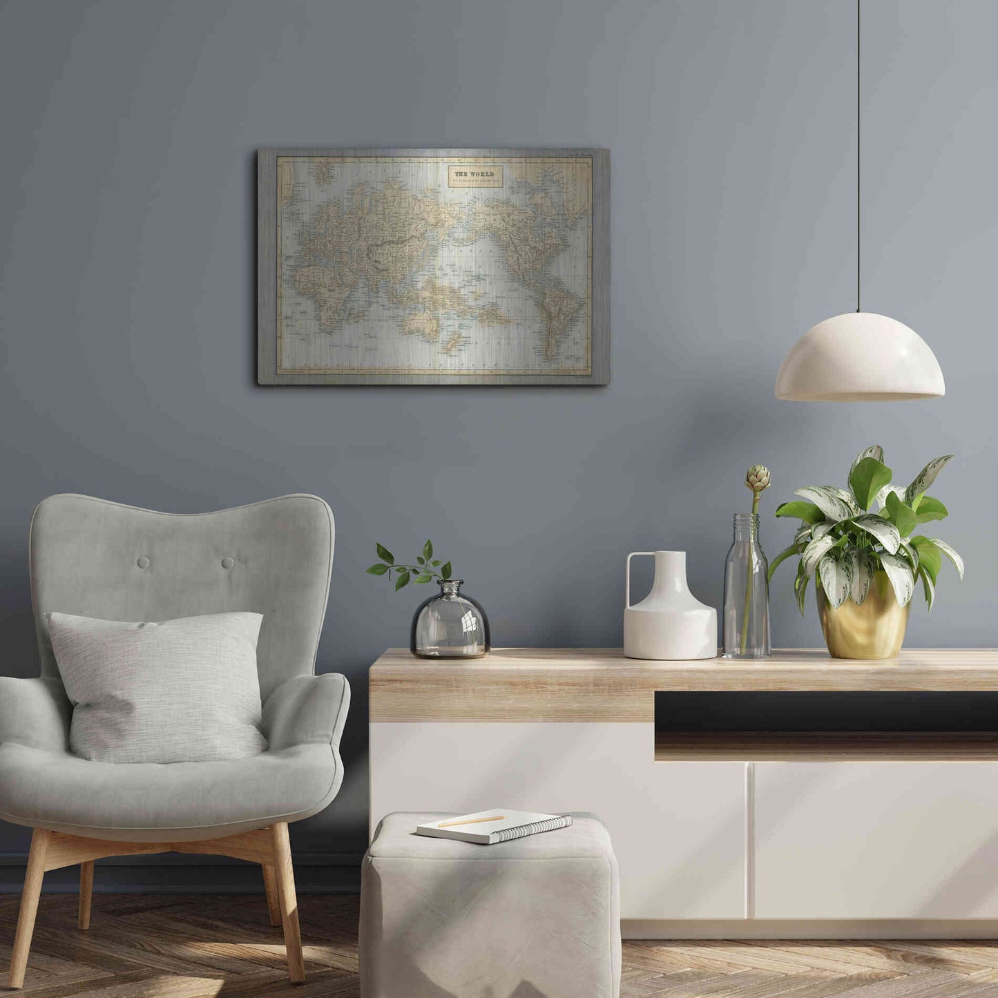 Luxe Metal Art 'The World Map Neutral' by Wild Apple Portfolio, Metal Wall Art,24x16