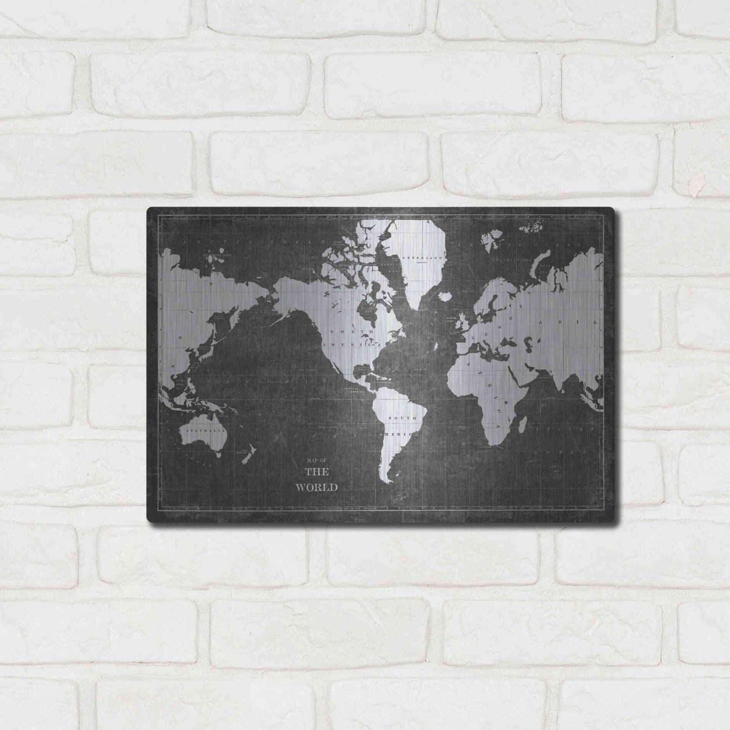 Luxe Metal Art 'Blueprint World Map Gray' by Sue Schlabach, Metal Wall Art,16x12