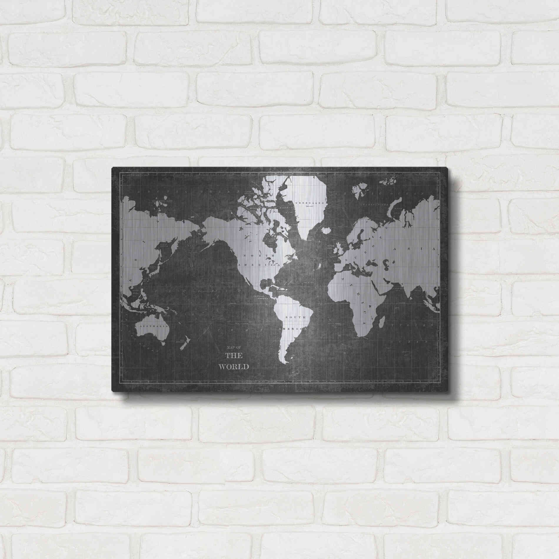 Luxe Metal Art 'Blueprint World Map Gray' by Sue Schlabach, Metal Wall Art,24x16