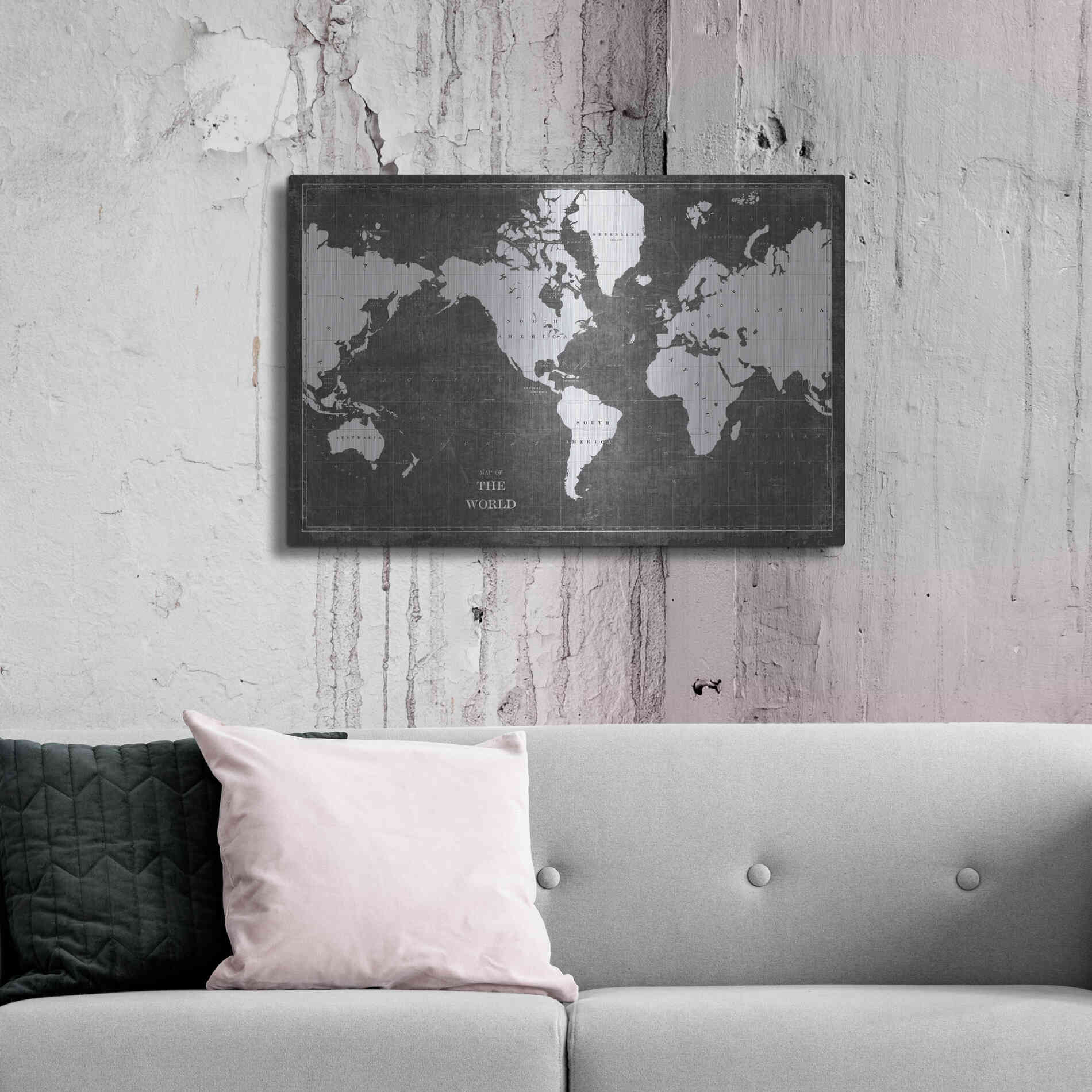 Luxe Metal Art 'Blueprint World Map Gray' by Sue Schlabach, Metal Wall Art,36x24