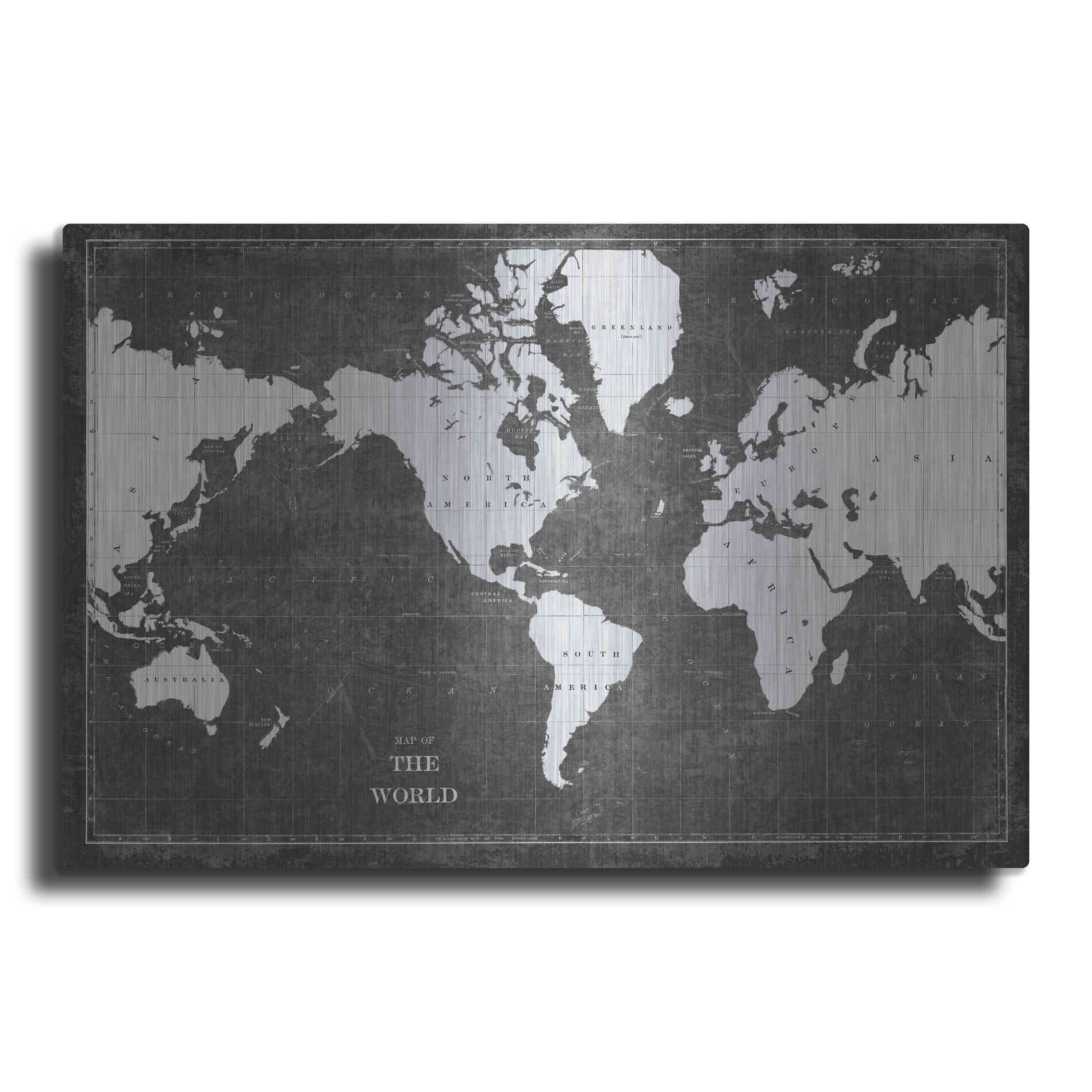 Luxe Metal Art 'Blueprint World Map Gray' by Sue Schlabach, Metal Wall Art